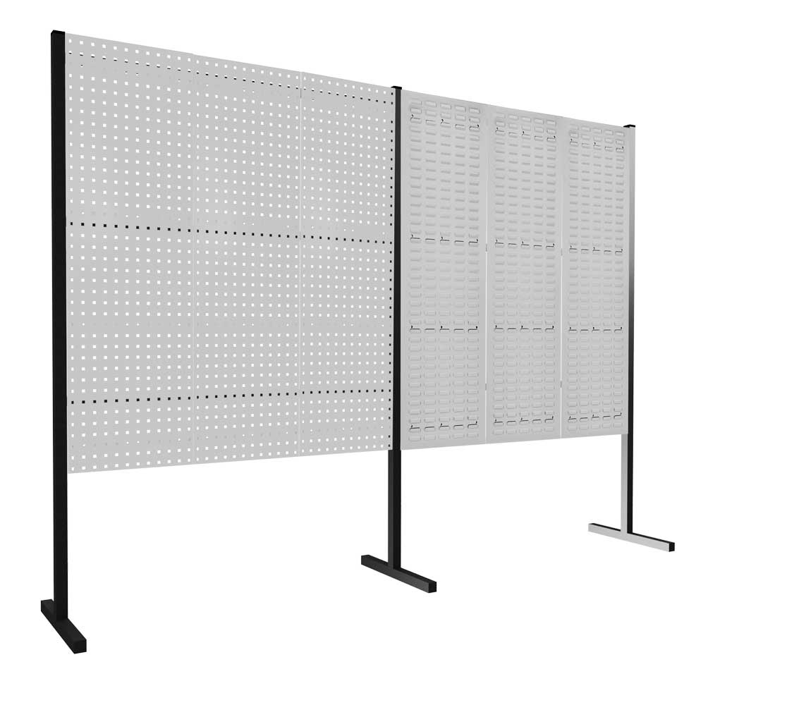 Das ®RasterPlan Trennwandsystem von Kappes: 1500x1500 mm, RAL 7035, mit Loch- und Schlitzplatten für flexible, robuste und ästhetische Raumlösungen in der Industrie.