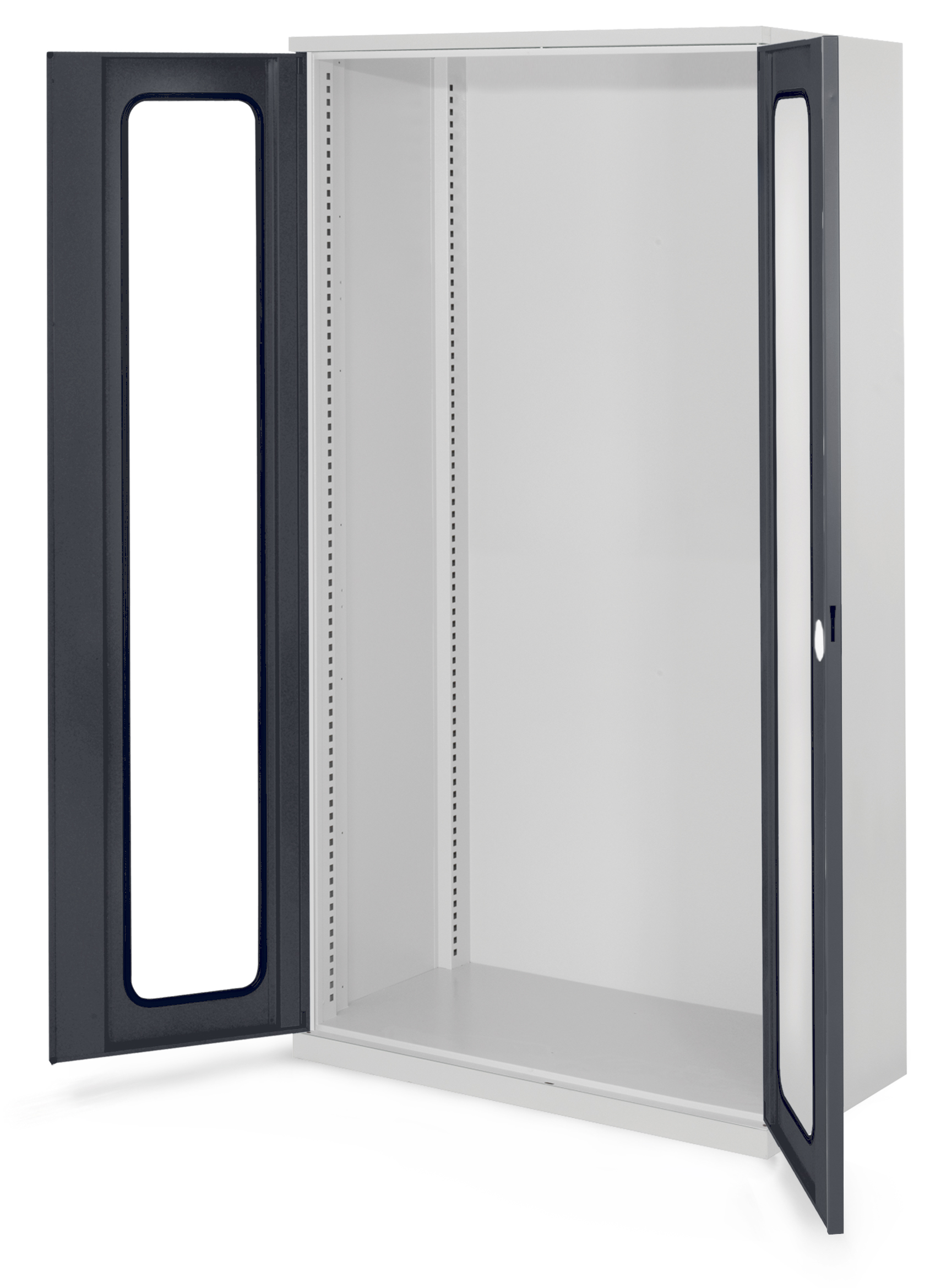 Produktbild des Schwerlastschranks von Kappes Systeme GmbH: Robustes, lichtgraues Stahlgehäuse mit Sichtfenstertüren, ideal für schwere Lasten bis 1,65 t.