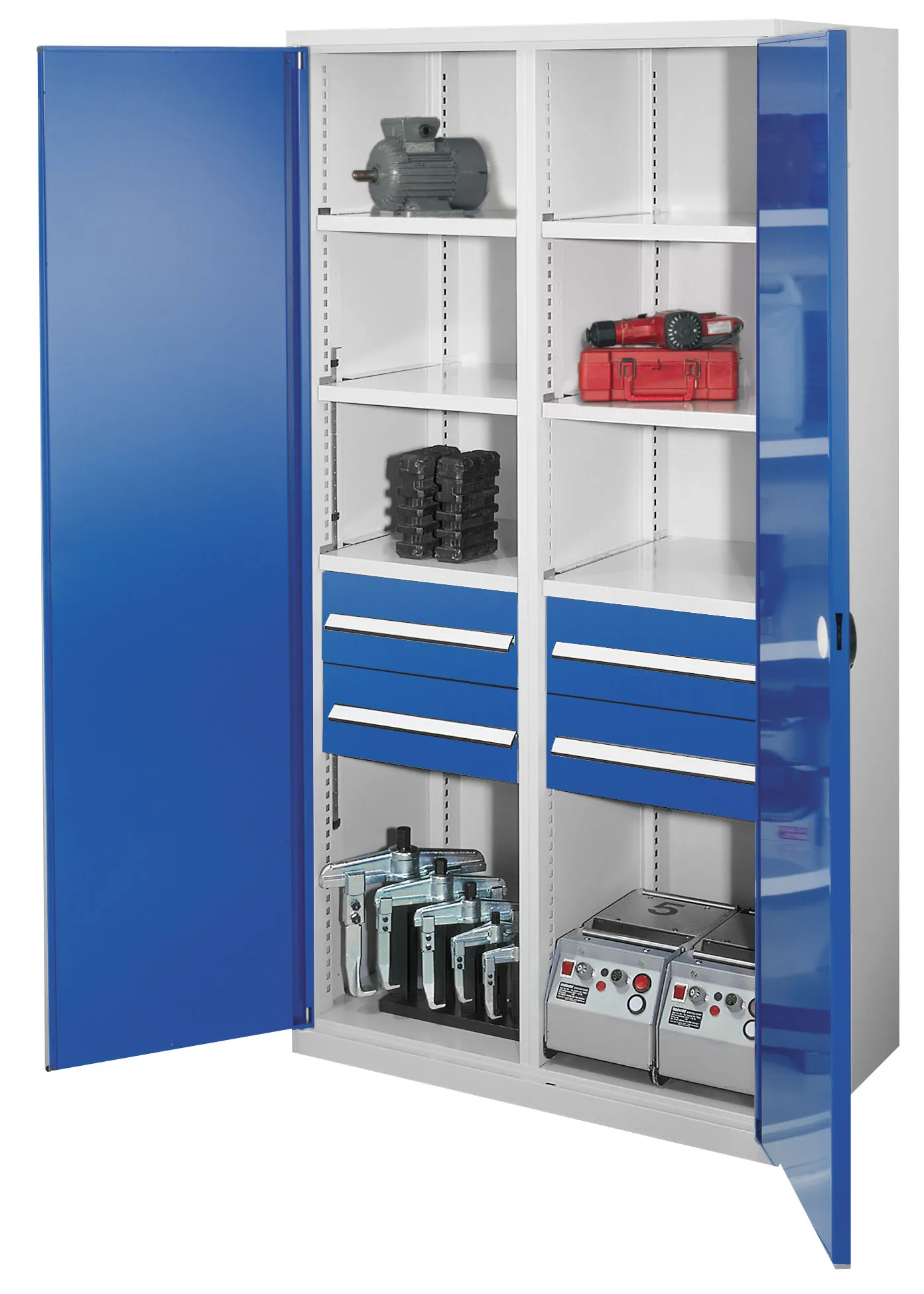 Schwerlastschrank von Kappes Systeme GmbH: Robuste Stahlkonstruktion mit Mitteltrennwand, Doppelwandt?ren, verstellbaren Fachb?den und teleskopgef?hrten Schubladen.