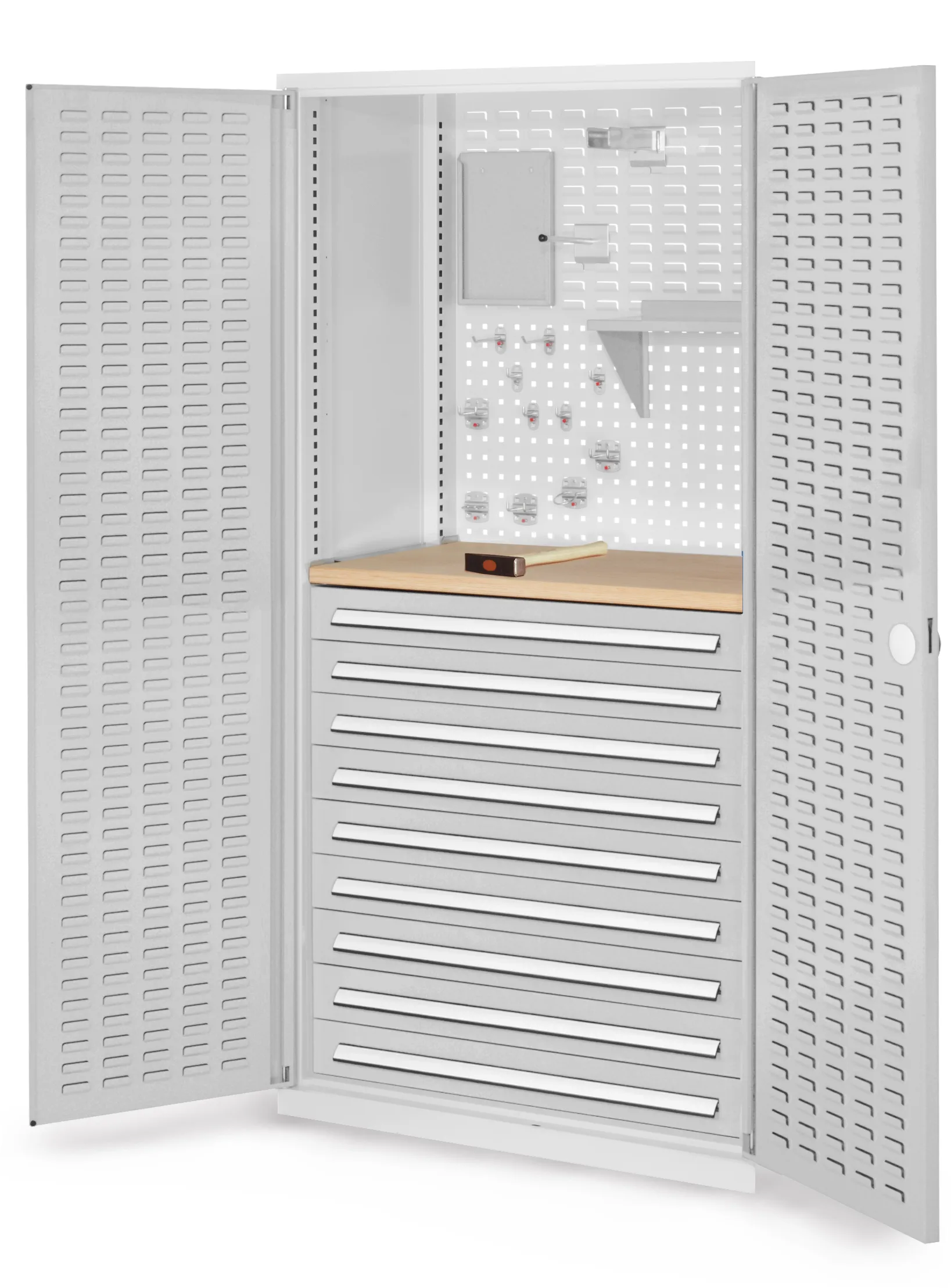 Der RasterPlan Schubladenschrank Modell 27 von Kappes Systeme bietet mit neun Schubladen und einer robusten Multiplex-Werkbankplatte effiziente Lagerung und Organisation.