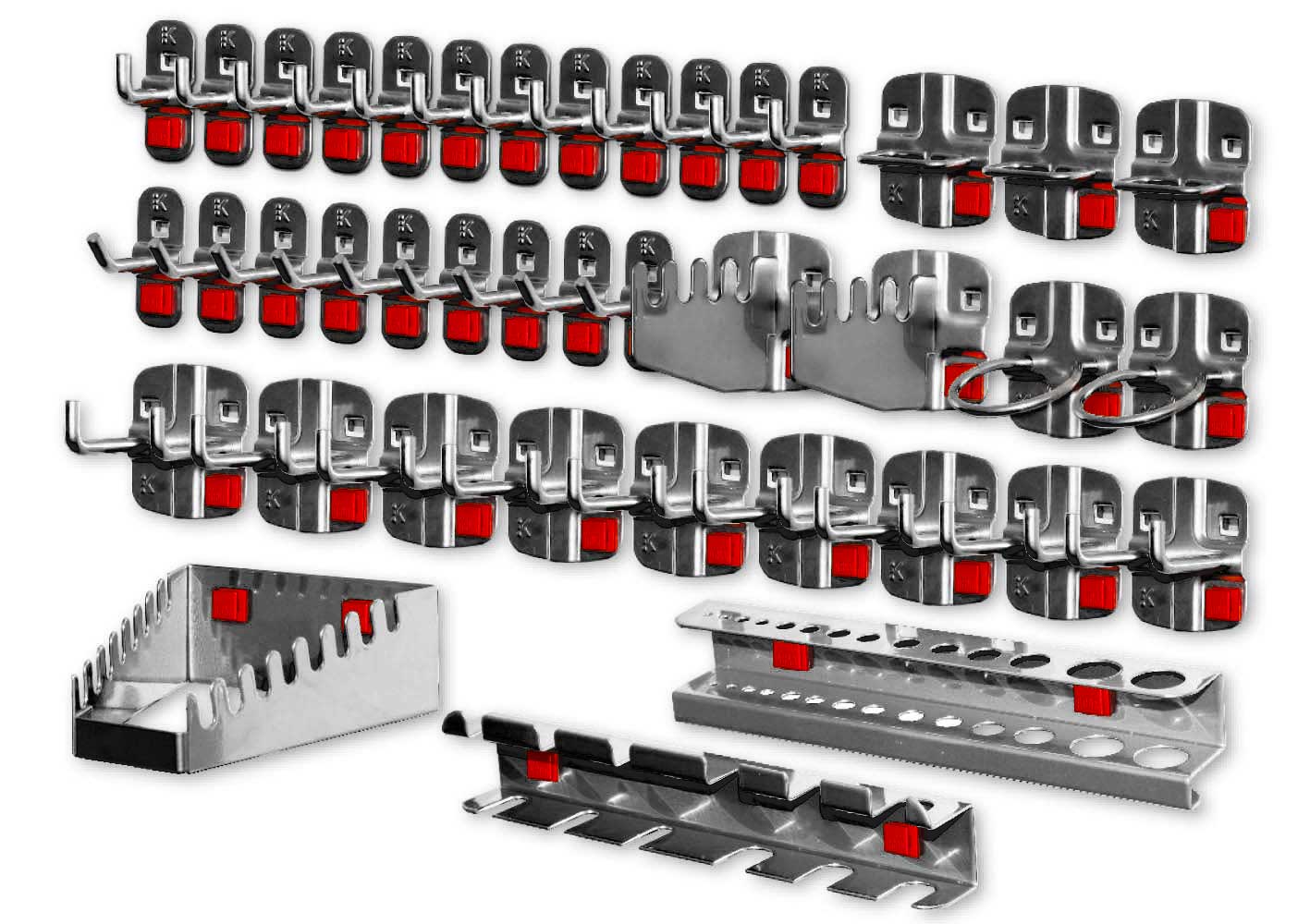 ®RasterPlan/ABAX Werkzeughalter-Sortiment 40-teilig anthrazitgrau. 9 Werkzeughalter mit schrägem Ende 12 Werkzeughalter mit senkr. Ende 9 Doppelte Werkzeughalter 3 Zangenhalter 2 Maschinenhalter 1 Schraubenschlüsselhalter 1 Schraubendreherhalter 1