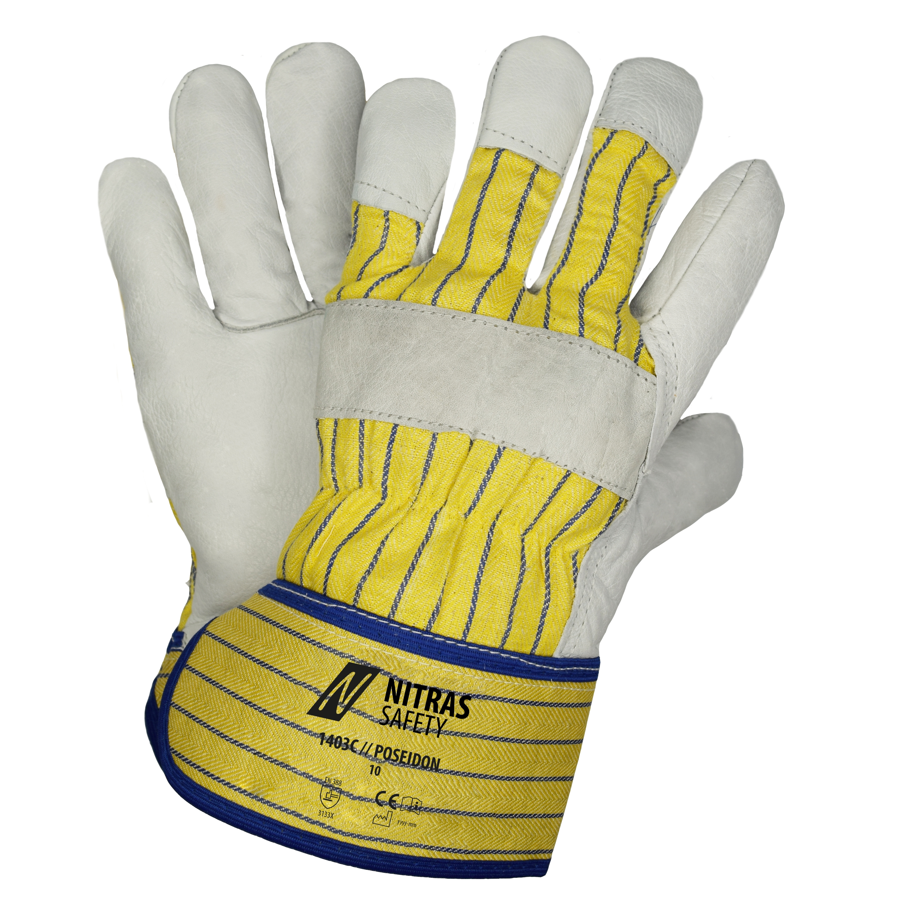 NITRAS POSEIDON, Rindvolllederhandschuhe, gelb / blau gestreift / grau, EN 388