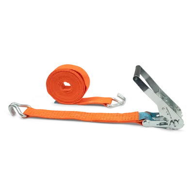 Produktbild des DoZurr 5000 Zurrgurts von Dolezych: Robuster, 2-teiliger Gurt in Orange, ideal f?r Schwerlasttransporte mit 2500 daN Zugkraft und Profilhaken.