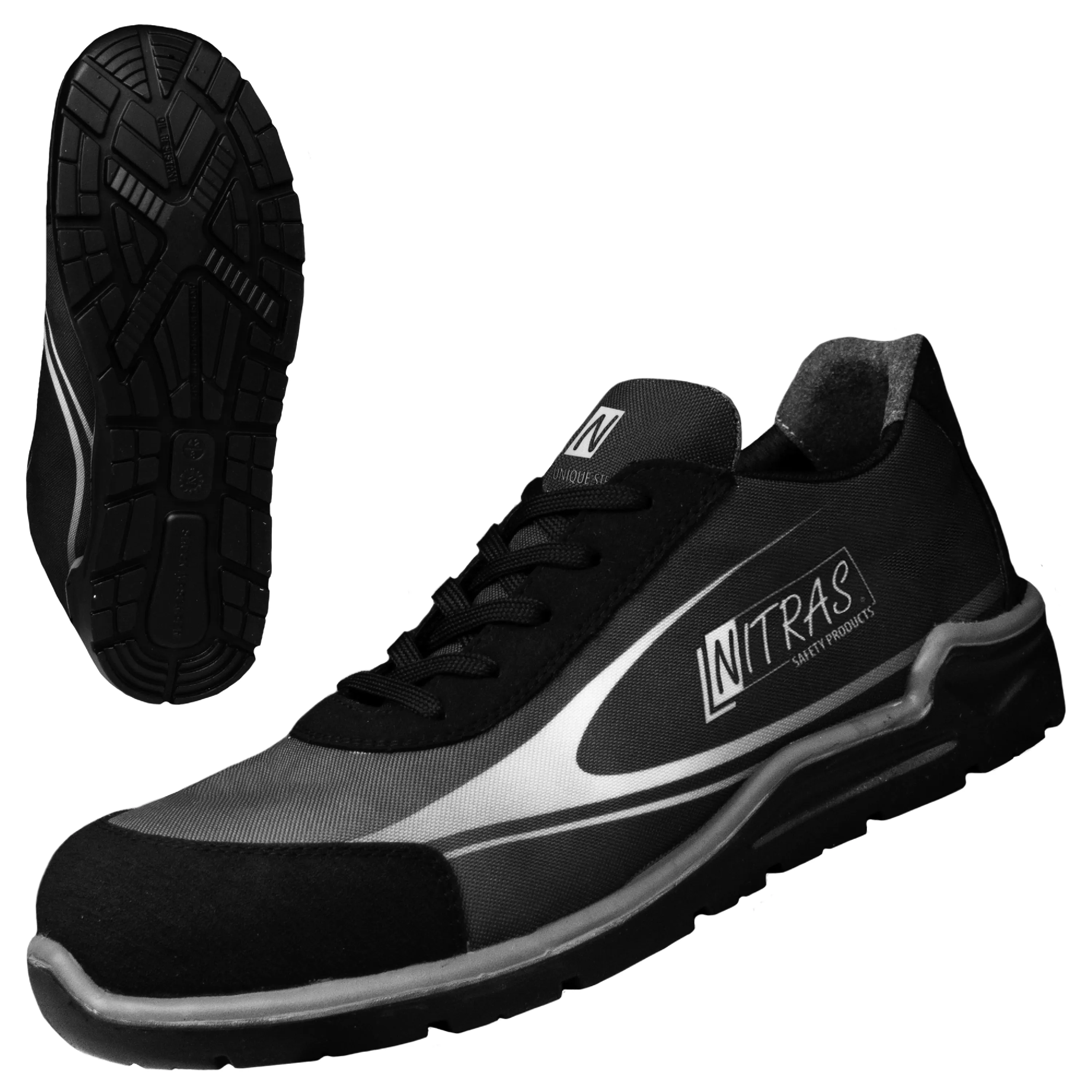 NITRAS UNIQUE STEP S3 Sicherheitshalbschuhe in Anthrazit bieten optimalen Schutz mit Verbundstoff-Zehenkappe, rutschfester Sohle und Memory Foam-Einlegesohle.