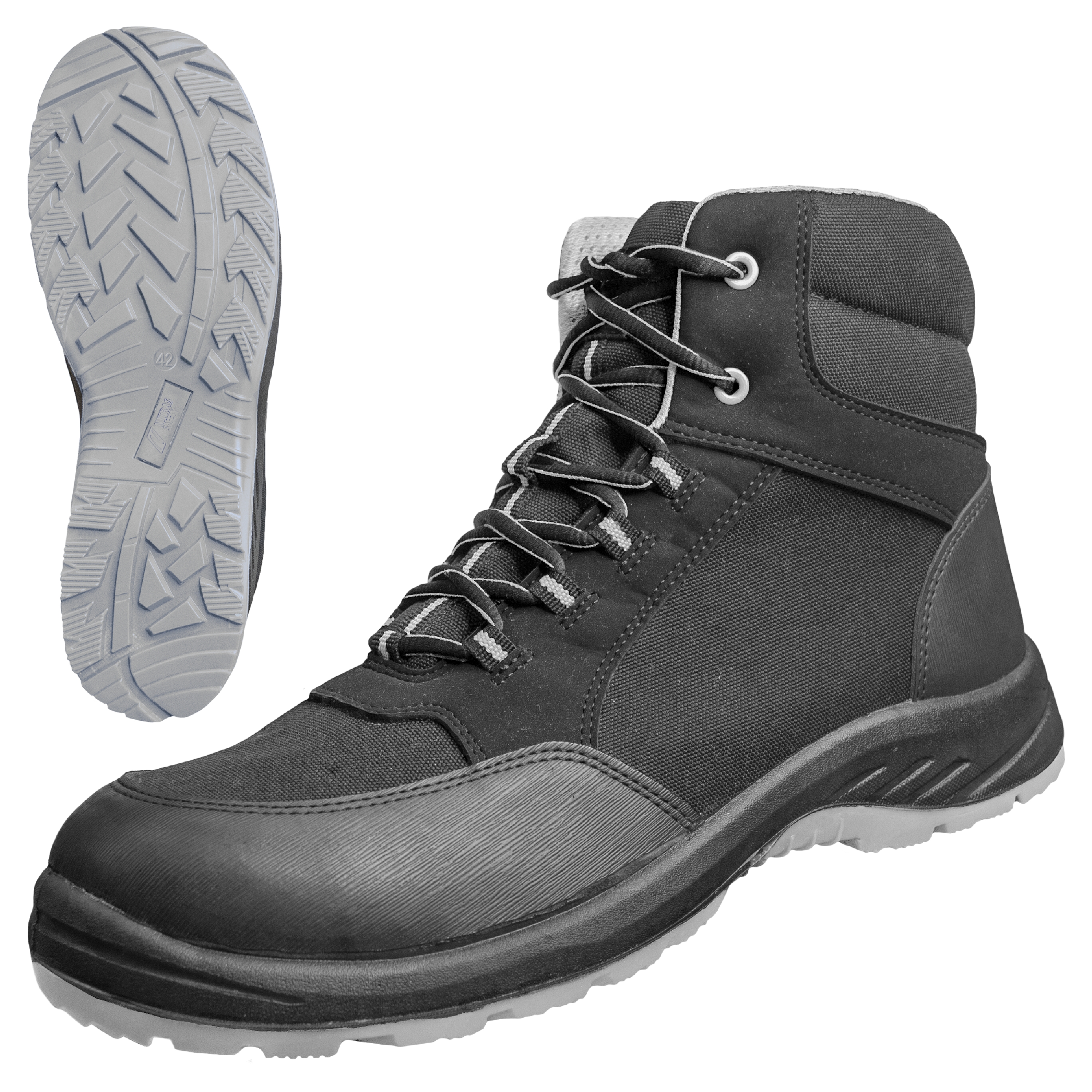 NITRAS SOLID STEP MID, Sicherheitsstiefel, halbhoch, S3S CI FO SR, strapazierfähiges Textil, schwarz, widerstandsfähige PU / PU-Laufsohle, schwarz / grau (Farbcode: 1012), EN ISO 20345, EN IEC 61340-4-3, DGUV Regel 112-191