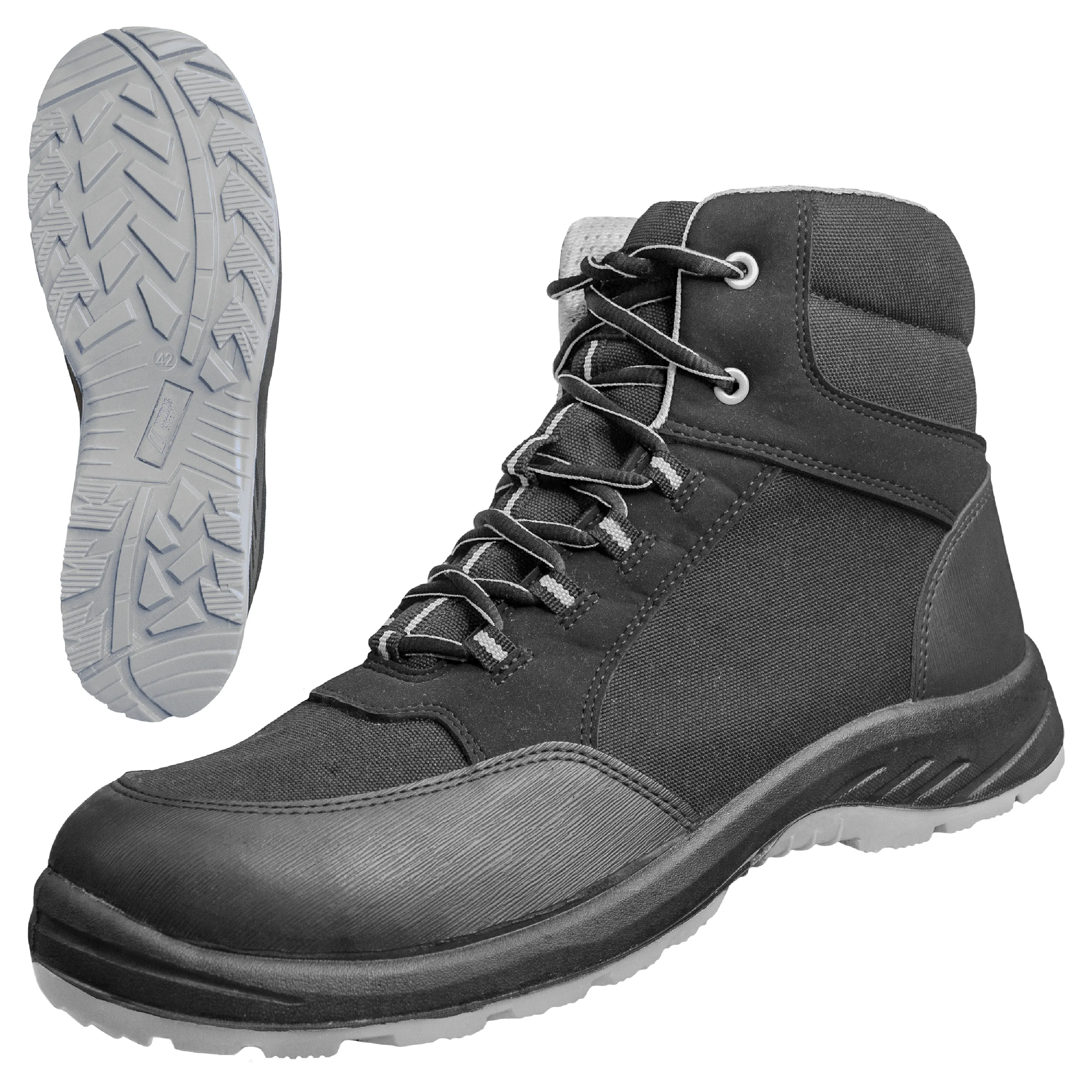 Die NITRAS SOLID STEP MID Sicherheitsstiefel bieten robusten Schutz und Komfort mit einer Fiberglas-Zehenkappe und rutschfester Sohle in modernem Schwarz-Grau.