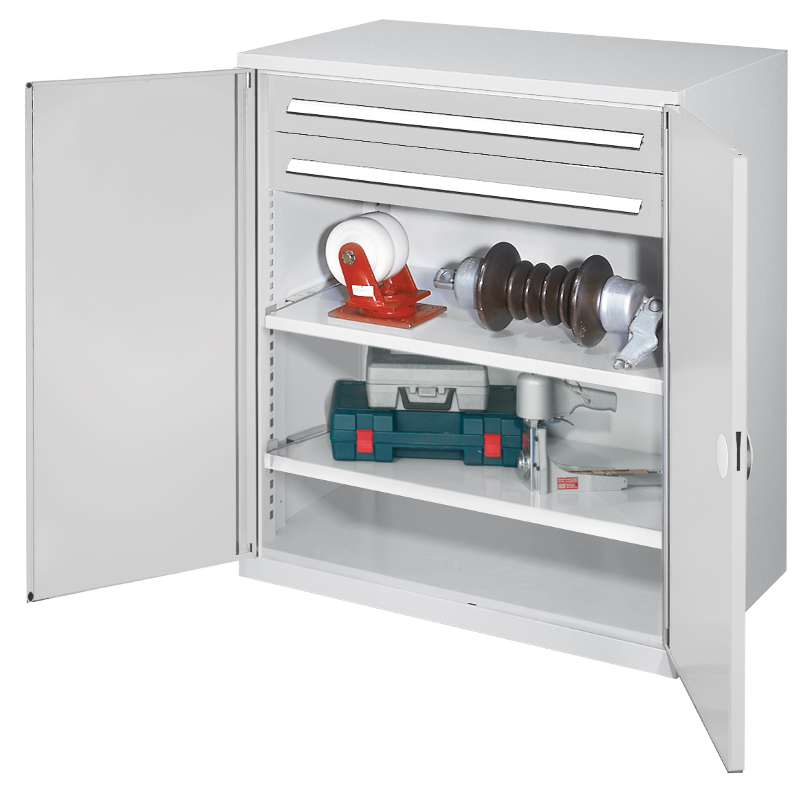 Der Schwerlast-Beistellschrank Modell 63 von Kappes Systeme bietet robuste Lagerung mit doppelwandigen Türen, zwei Schubladen und verstellbaren Fachböden. Ideal für Industrie.