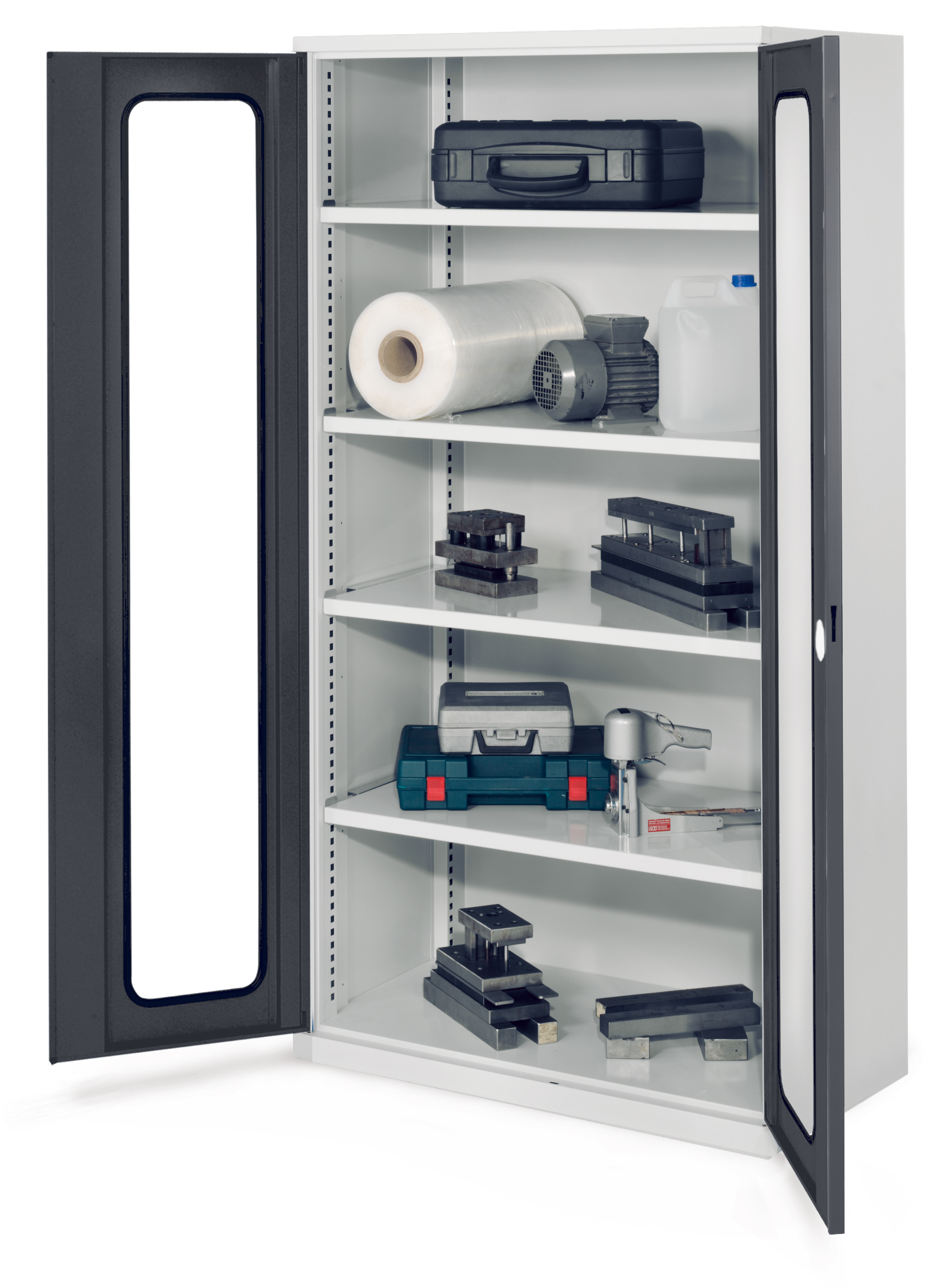 Schwerlastschrank von Kappes Systeme: Robuste Stahlkonstruktion ohne Mitteltrennwand, 1950x1000x600 mm, mit Sichtfenstertür und 4 Fachböden, belastbar bis 1,65 Tonnen.