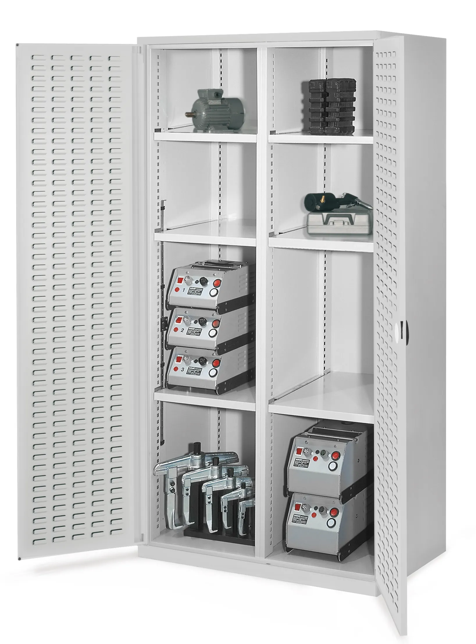 Schwerlastschrank von Kappes Systeme: Robuste Stahlkonstruktion, lichtgrau, mit Mitteltrennwand. Tragkraft bis 1,65 Tonnen, verstellbare Fachb?den, sichere Lagerung.