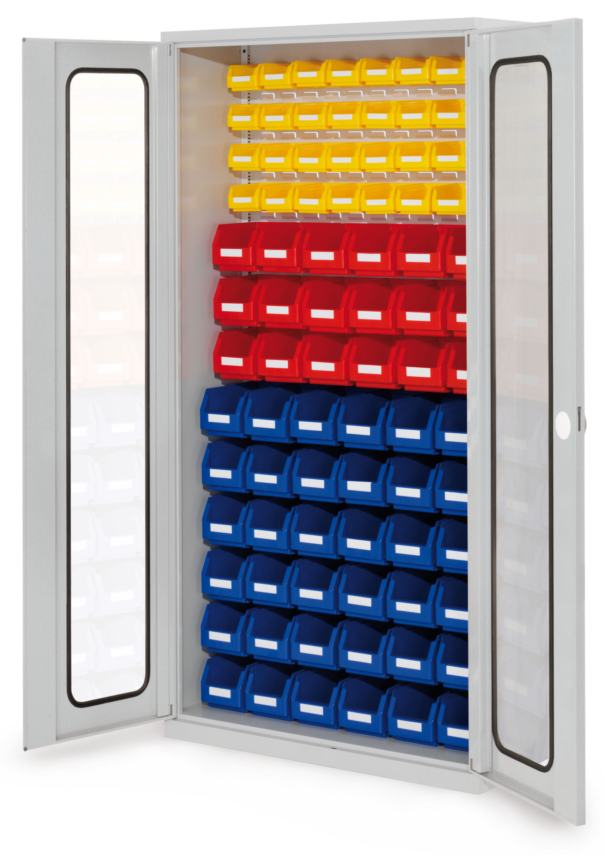 ®RasterPlan Schlitzplattenschrank H1950 x B 1000 x T 410 mm RAL 7035 Modell55 Sichtfensterüren bestückt mit Lagersichtkasten 36 x Größe 5 18 x Größe 6 32 x Größe 7.