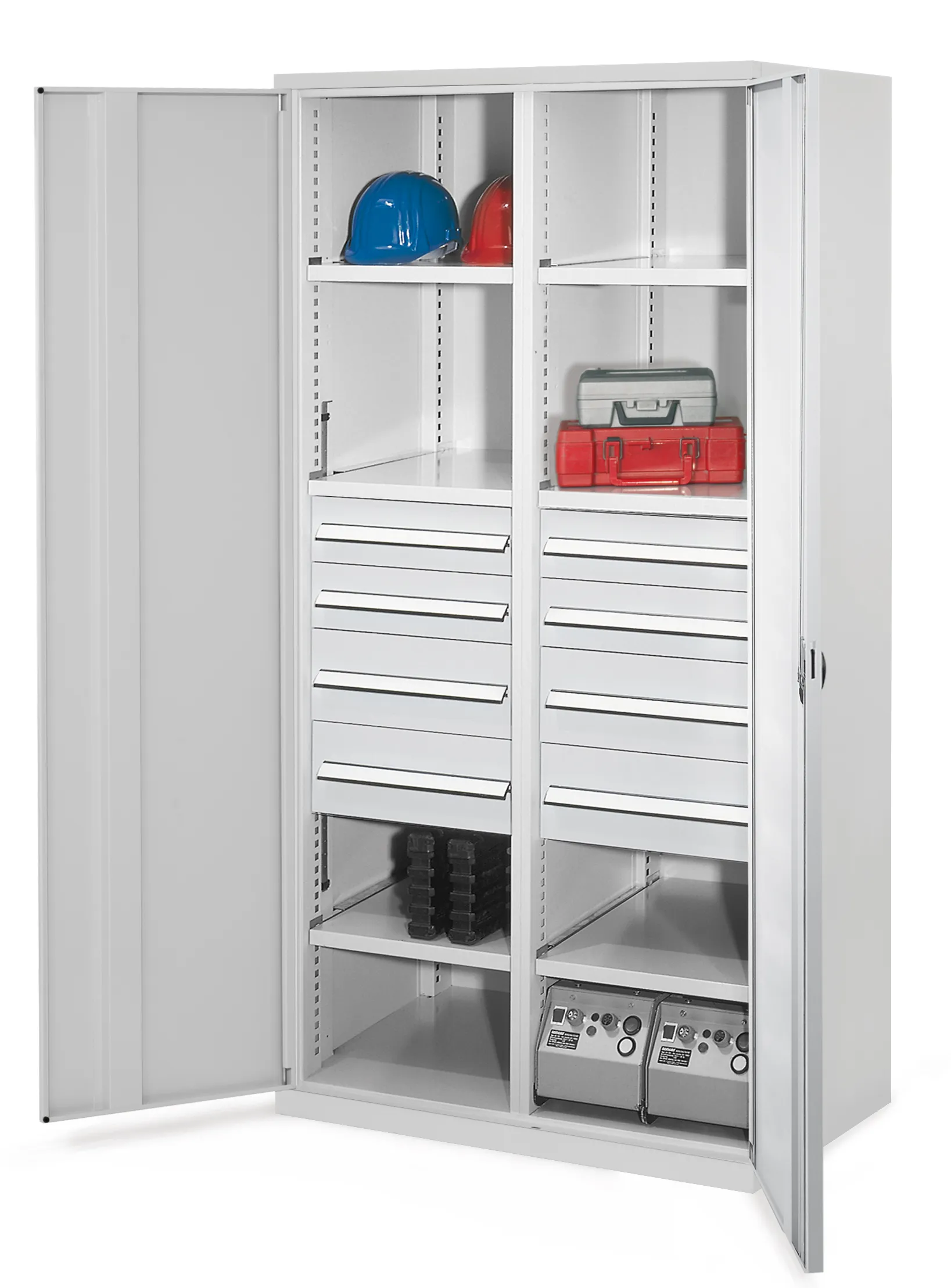 Schwerlastschrank von Kappes Systeme: Robuste Stahlkonstruktion mit Mitteltrennwand, Vollblecht?r, 8 Schubladen, verstellbaren Fachb?den und hoher Tragkraft.