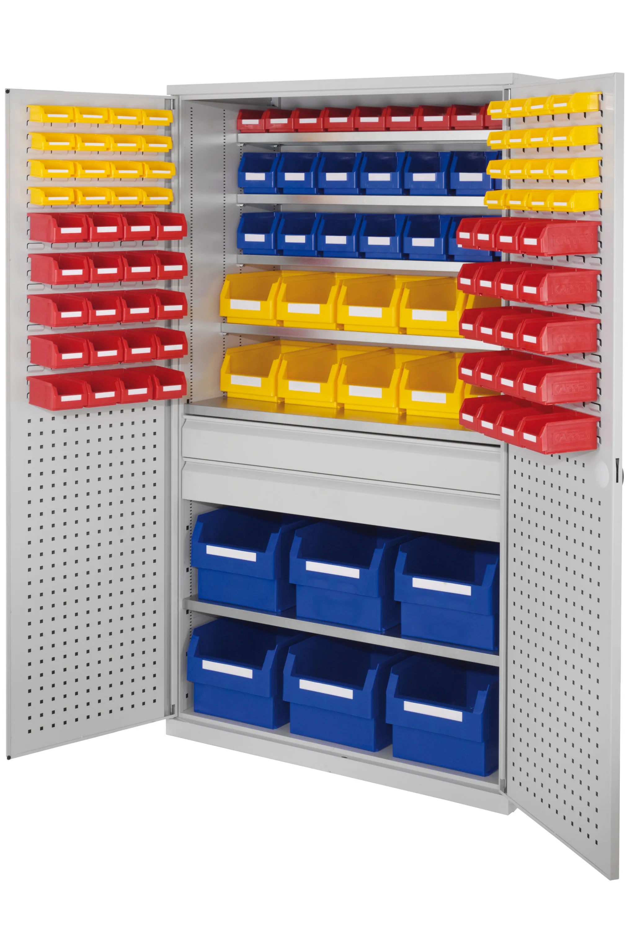 Großraumschrank Modell 32 von Kappes Systeme: Robuste Stahlkonstruktion, flexible Schubladen, modulare Bauweise, lichtgraue Beschichtung, sicher und anpassbar.