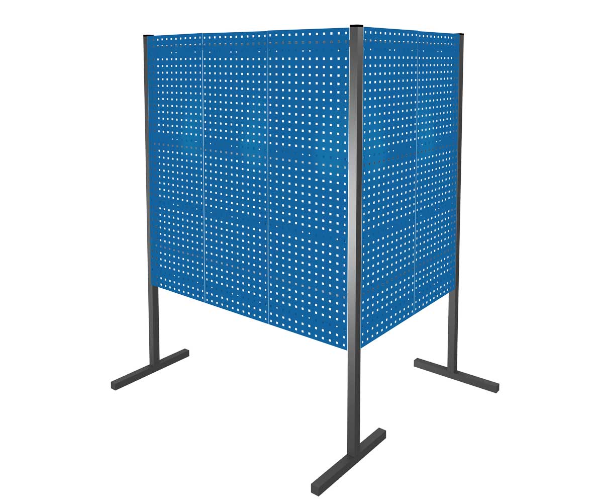 Das ®RasterPlan Trennwand Doppelfeld 90° von Kappes Systeme GmbH, L1000/1500 mm, H1500 mm, RAL 5010, mit 5 Lochplatten, ideal für flexible Raumlösungen.
