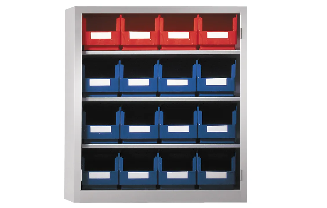 Ordnungsschrank ohne Türen von Kappes Systeme: Robuste Stahlkonstruktion, lichtgrau, mit 16 Lagersichtkästen. Ideal für flexible und sichere Materiallagerung.