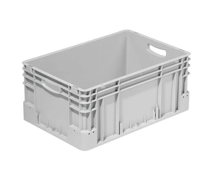 Robuster grauer Lagerbehälter von Bekuplast, 600x400x270 mm, aus langlebigem PP-C. Mit 54 l Volumen, geschlossenen Seiten und offenen Griffen für einfaches Handling.