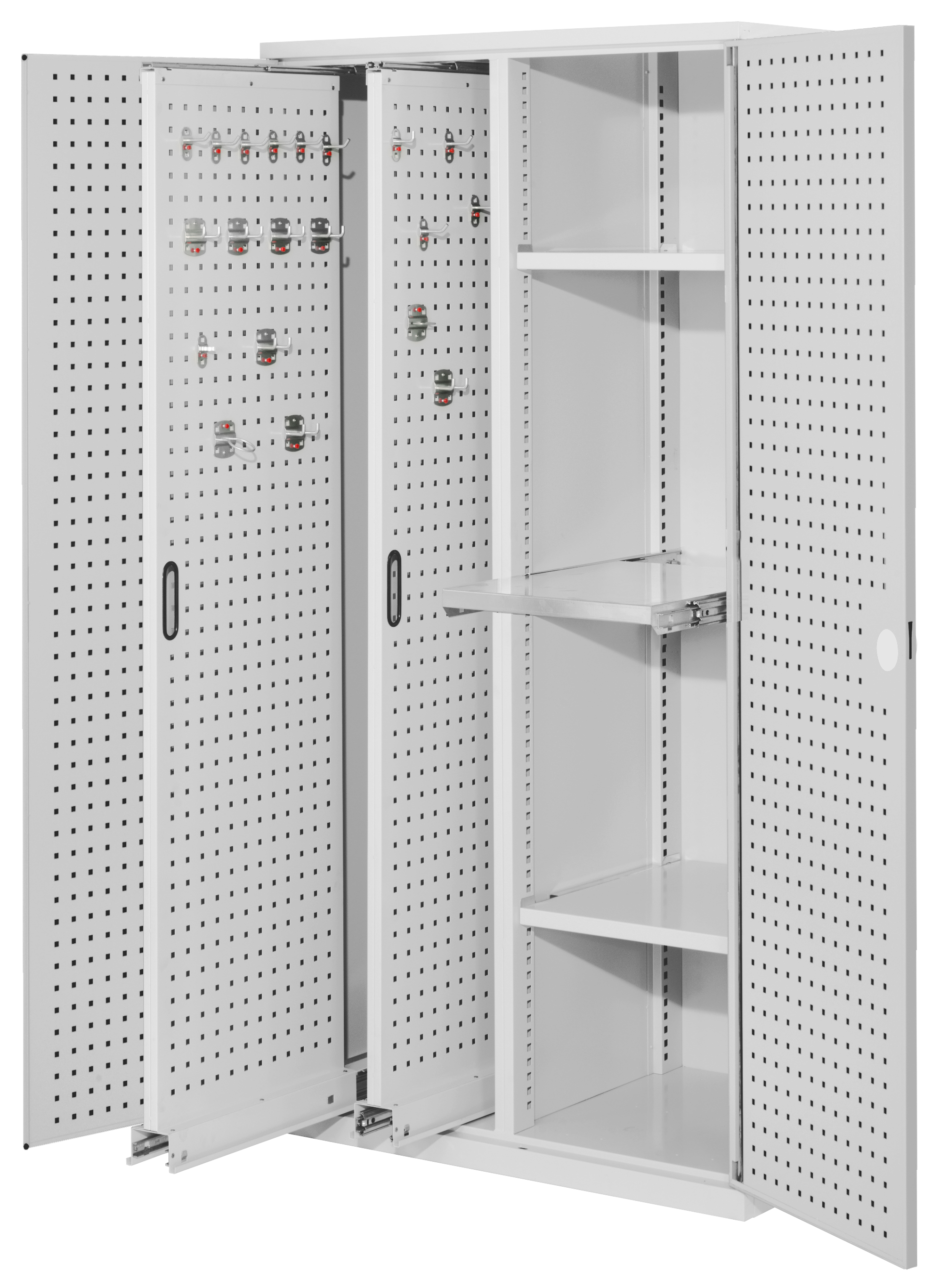 ®RasterPlan Vertikalschrank Modell 84 1950 x 1000 x 600 mm RAL 7035. Türinnenseite: ®RasterPlan Lochplatten 2 Auszüge Lochplatten 2 Böden 1 Auszugsboden.