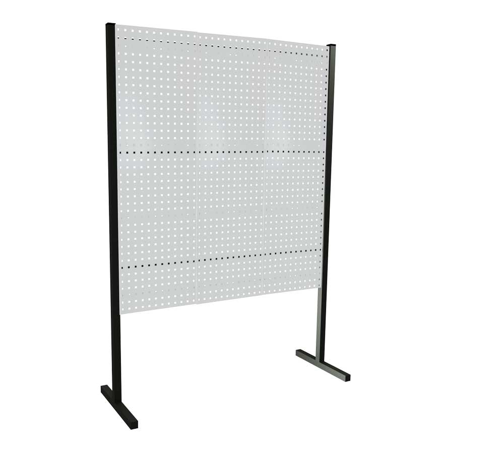 Das ®RasterPlan Trennwand Einzelfeld von Kappes Systeme, 1500x1500 mm in RAL 7035, bietet mit drei Lochplatten flexible Raumtrennung und effiziente Arbeitsorganisation.