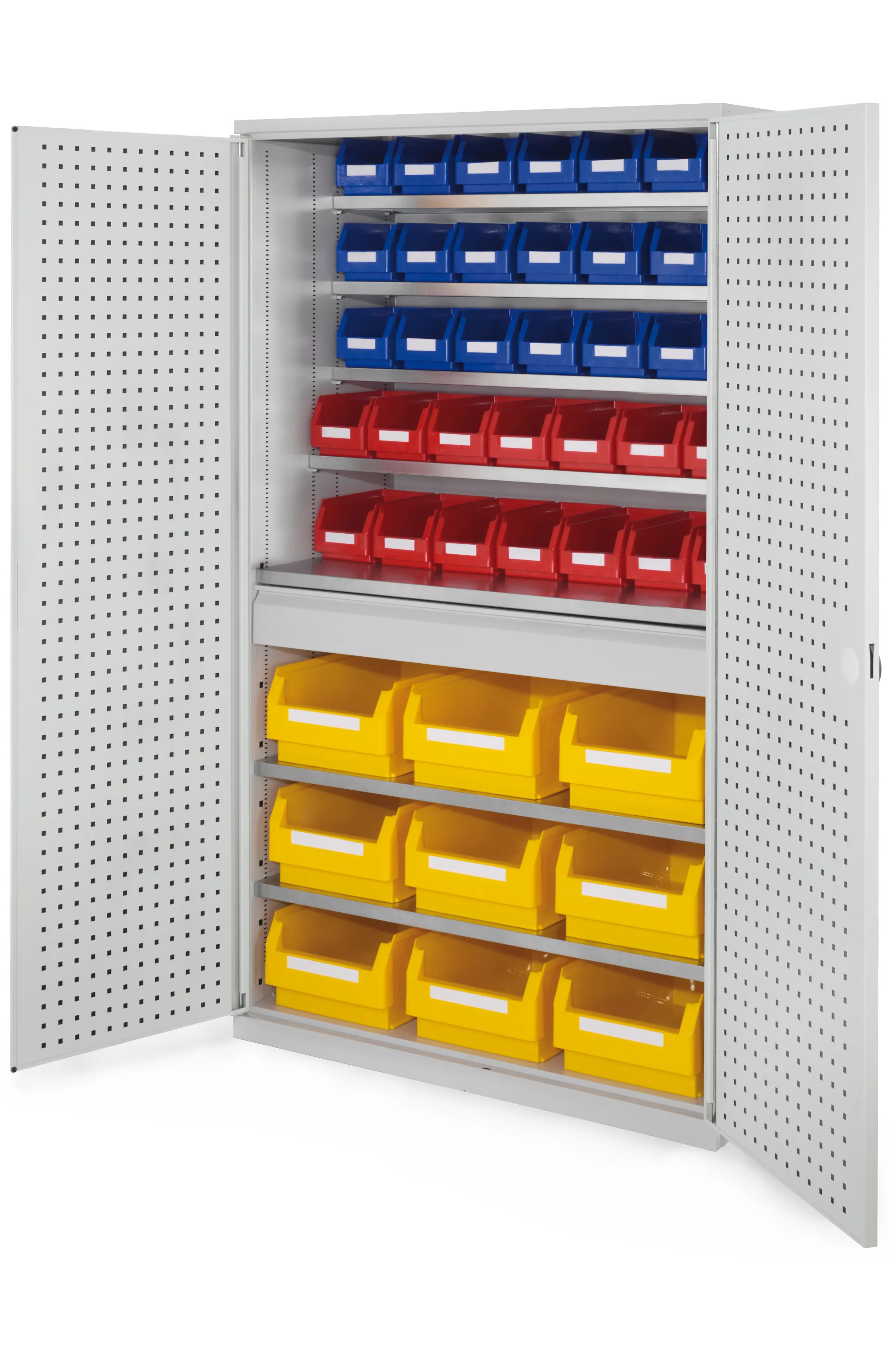 Großraumschrank Modell 31 von Kappes Systeme: Robuster Stahlschrank mit RasterPlan Lochplatten, lichtgrau, 1950x1130x590 mm, für optimale Werkzeugorganisation.