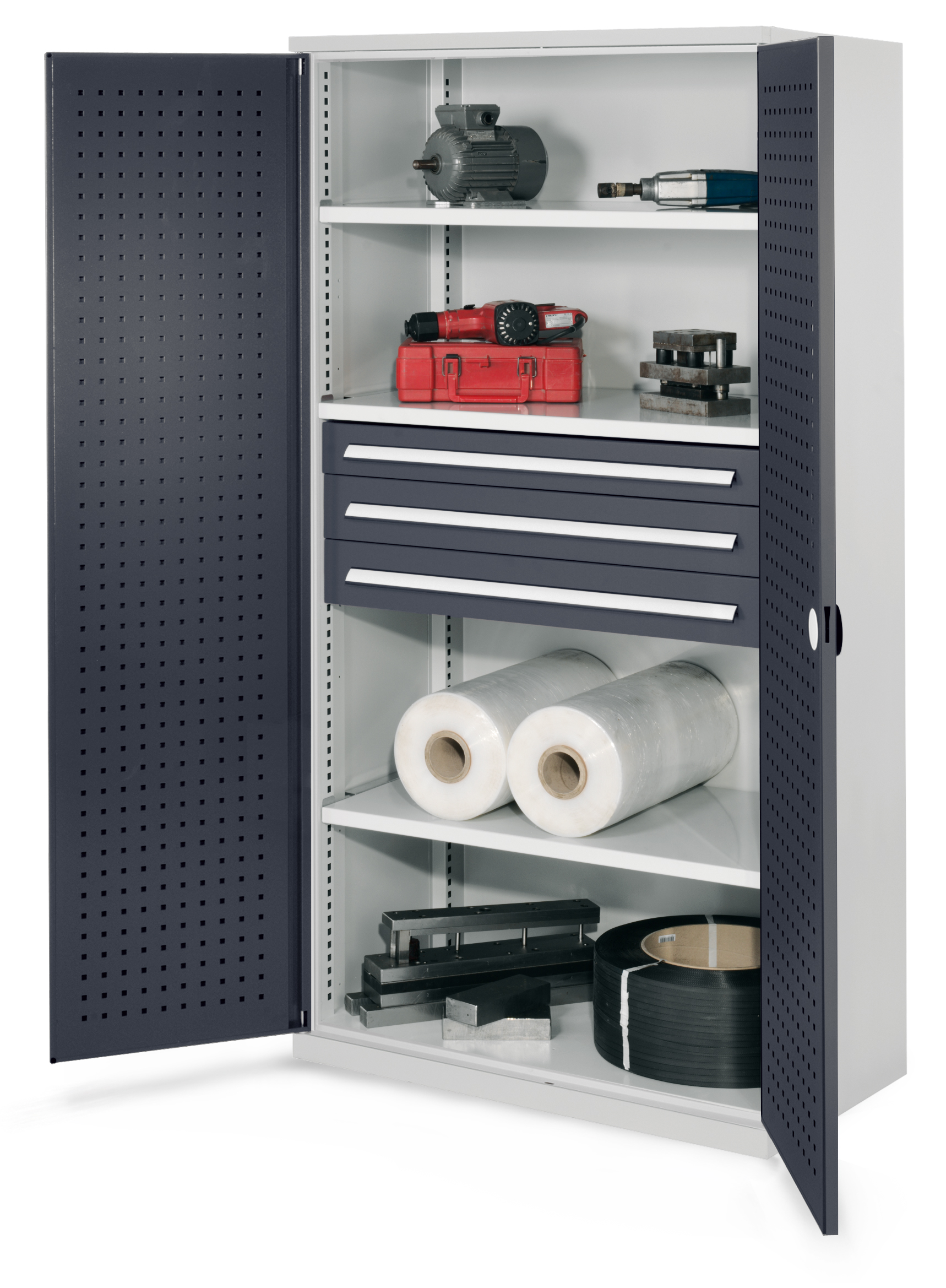 Schwerlastschrank von Kappes Systeme: Robuste Stahlkonstruktion, 1950x1000x600 mm, ohne Mitteltrennwand, mit verstellbaren Fachböden und sicherem Zylinderschloss.
