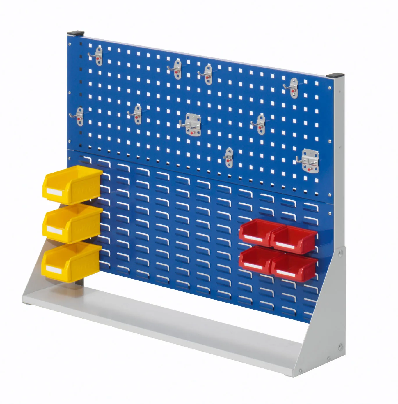 Produktbild der einseitigen ?RasterPlan Stellwand Gr. 2, H760 x B1000 x T240 mm, in RAL 7035/5010, mit flexiblem Werkzeughalter- und Lagersichtkastensystem.