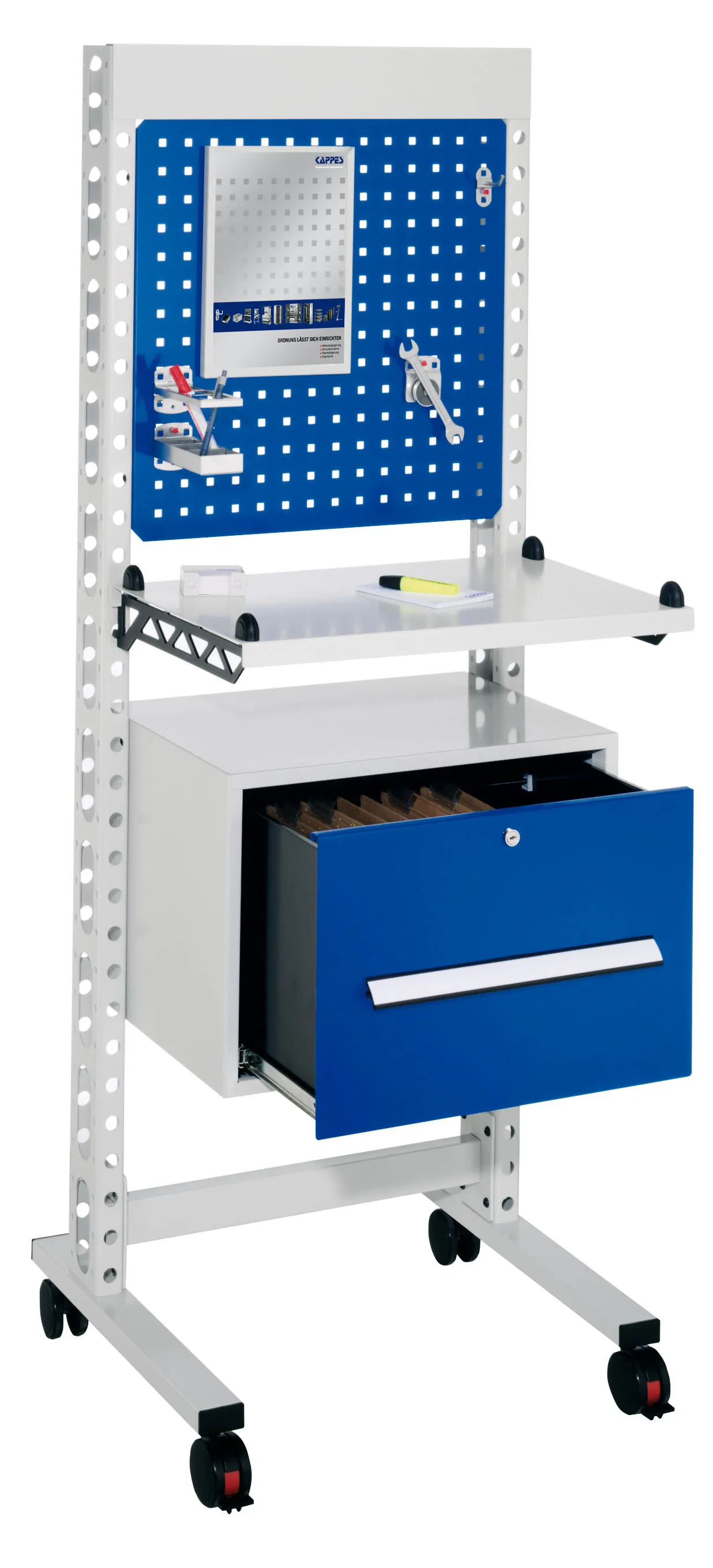 ErgoPlus Steharbeitsplatz von Kappes Systeme: Flexibler, robuster Arbeitsplatz in Lichtgrau/Enzianblau mit H?ngemappen-Schublade und Lenkrollen f?r einfache Mobilit?t.
