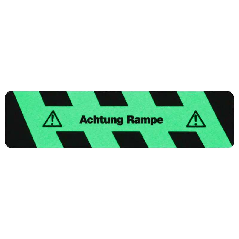 Produktbild des m2-Antirutschbelags von Mehlhose: Nachleuchtend mit "Achtung Rampe"-Text, bietet R13 Rutschhemmung und einfache Montage f?r maximale Sicherheit.