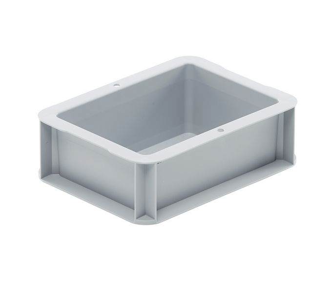 Der graue Eurobehälter von Bekuplast (200x150x70 mm) ist leicht, robust und ideal für Lagerung und Transport. Geschlossene Seiten und glatte Flächen erleichtern die Reinigung.