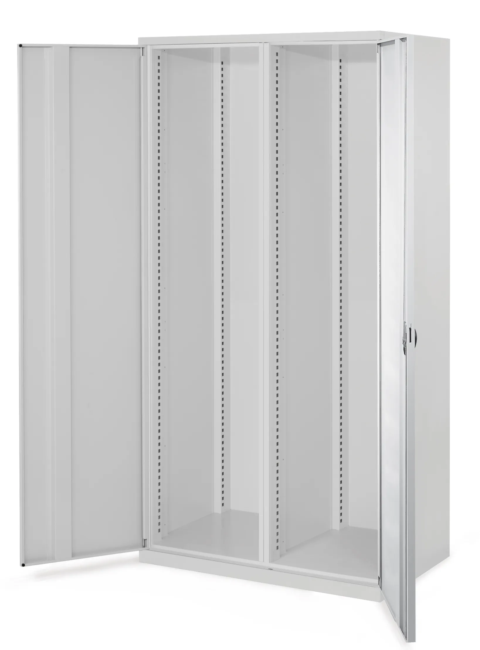 Schwerlastschrank von Kappes Systeme: Robuste Stahlkonstruktion, lichtgrau beschichtet, mit Mitteltrennwand, Vollblecht?ren und verstellbaren Fachb?den. Ma?e: 1950x1000x600 mm.