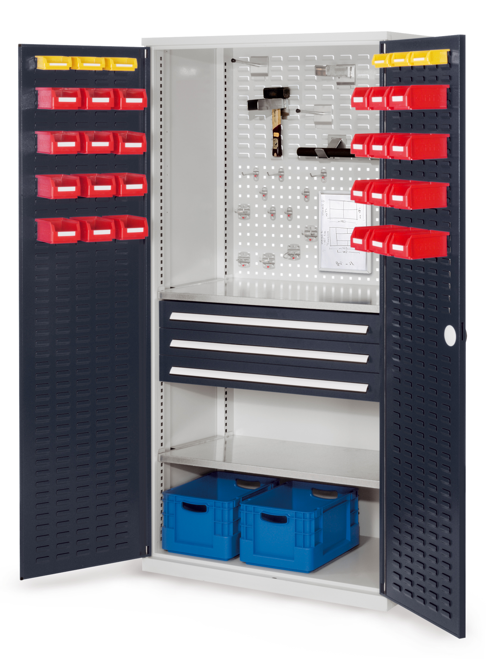 RasterPlan Schubladenschrank Modell 22 von Kappes: Robuster Stahlschrank in Lichtgrau, ideal für die sichere und effiziente Werkzeuglagerung im industriellen Einsatz.