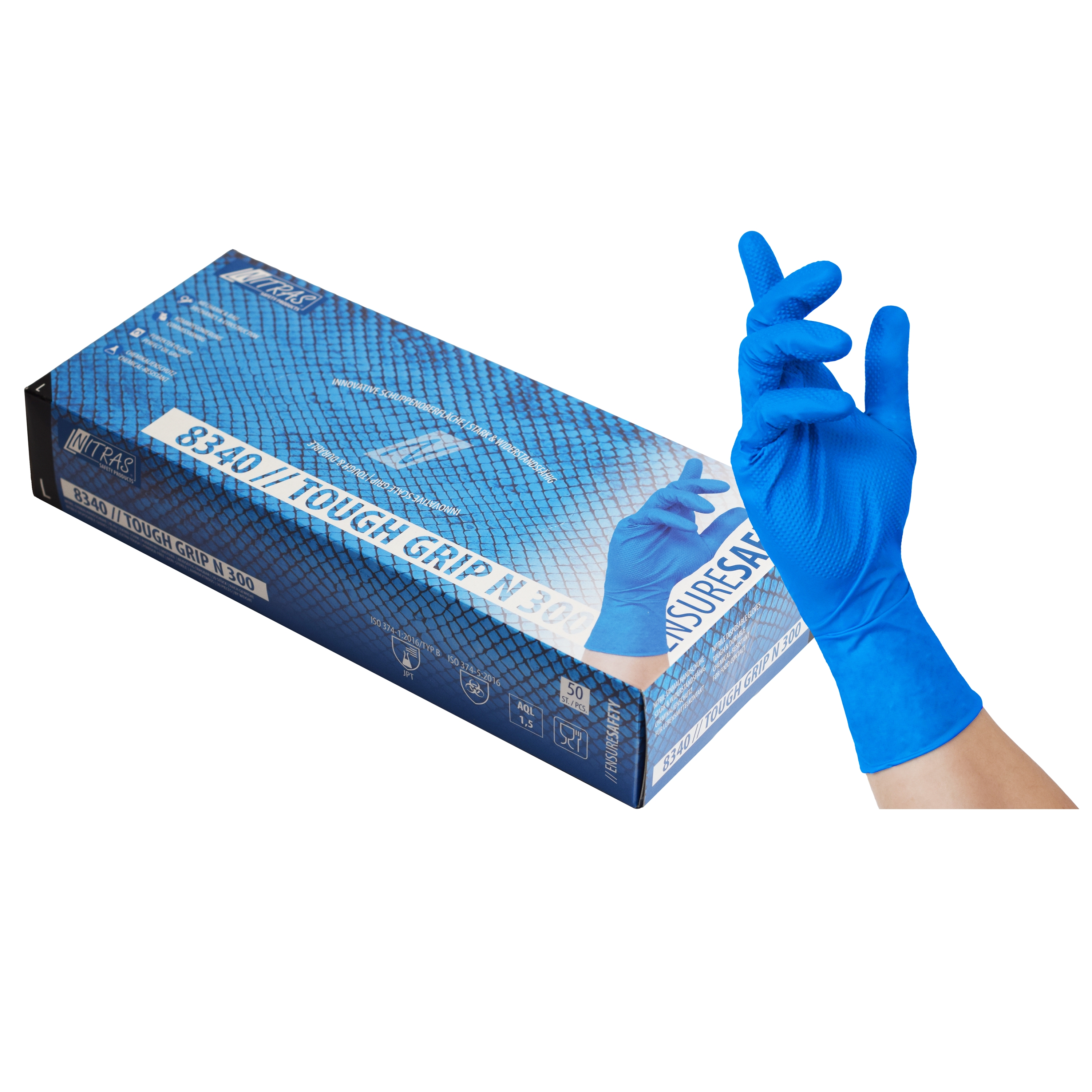 NITRAS TOUGH GRIP N 300, Nitril-Einmalhandschuhe, blau, EN ISO 374, Box à 50 Stück NITRAS TOUGH GRIP N 300, Nitril-Einmalhandschuhe, blau, EN ISO 374, Box à 50 Stück