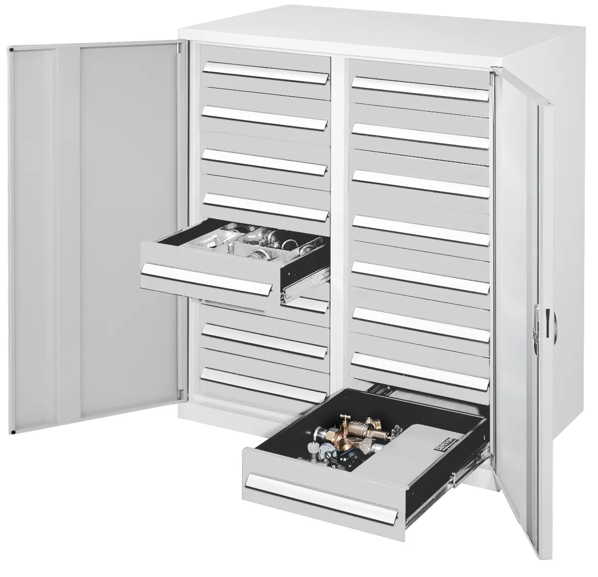 Der Schwerlast-Beistellschrank Modell 72 von Kappes Systeme GmbH bietet robuste Lagerung mit 1,65 Tonnen Belastbarkeit, 16 Schubladen und verstellbaren Fachb?den.