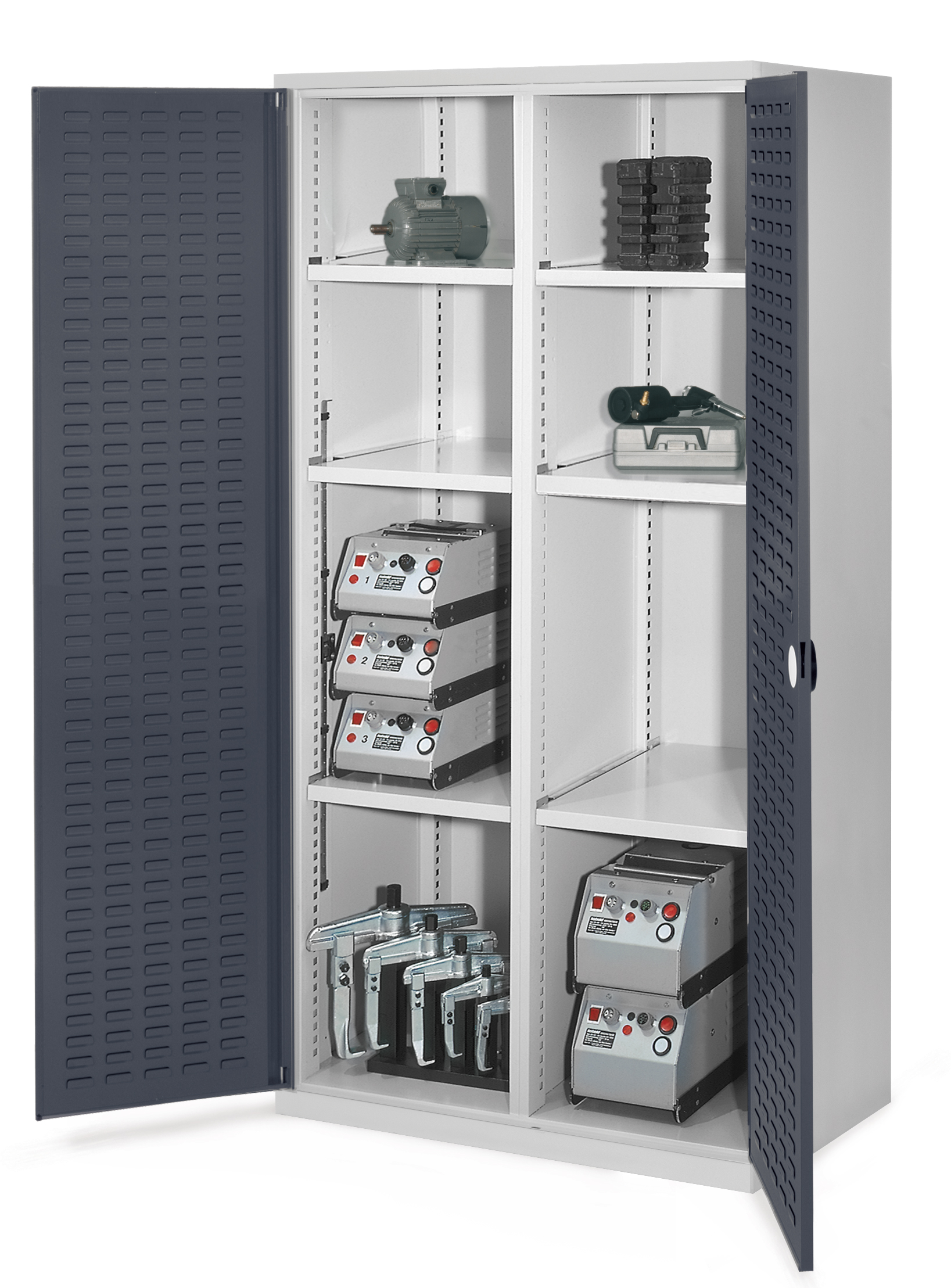 Schwerlastschrank von Kappes Systeme: Robuste Stahlkonstruktion mit Mitteltrennwand, RAL 7035/7016, bietet flexible Lagerung und Sicherheit für schwere Werkzeuge.