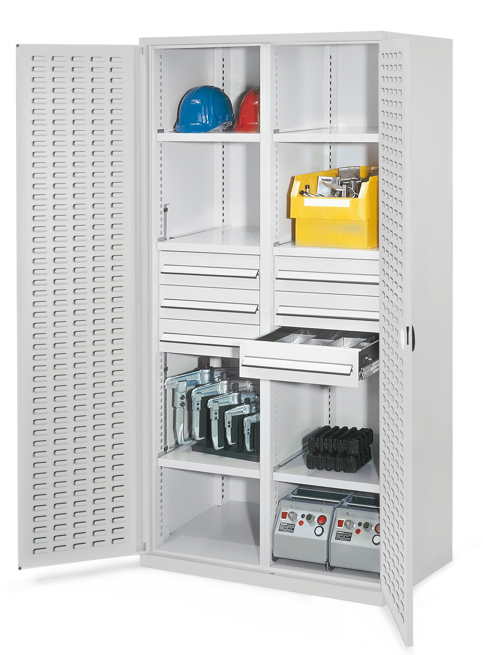 Schwerlastschrank mit Mitteltrennwand 1950 x 1000 x 600 mm Mod 53 RAL 7035. Türinnenseite: ®RasterPlan Schlitzplatten 6 Schubladen H 125 mm 3 Fachboden links verzinkt 3 Fachboden rechts verzinkt.