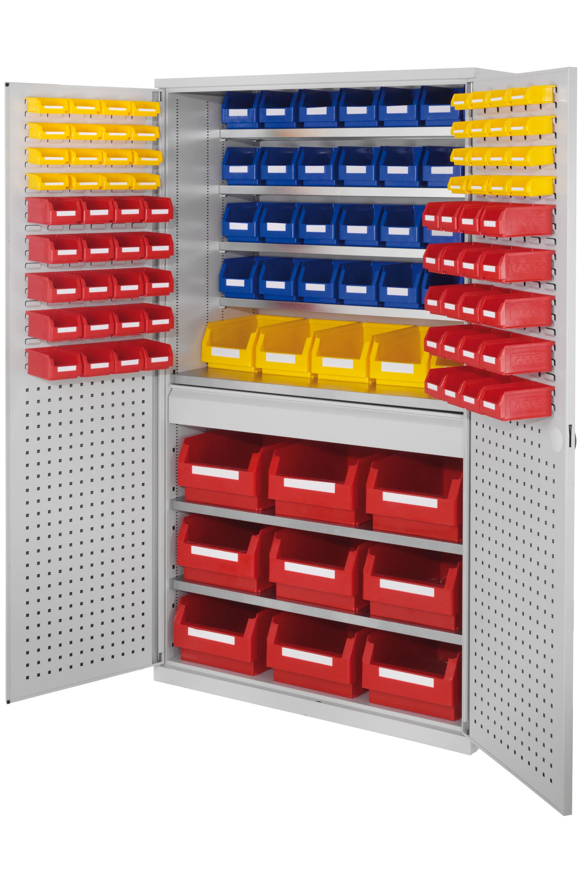 Großraumschrank Modell 30 von Kappes Systeme: Robuste Stahlkonstruktion mit flexiblen Schubladen, Loch-/Schlitzplattentüren und Lagersichtkästen, lichtgrau.