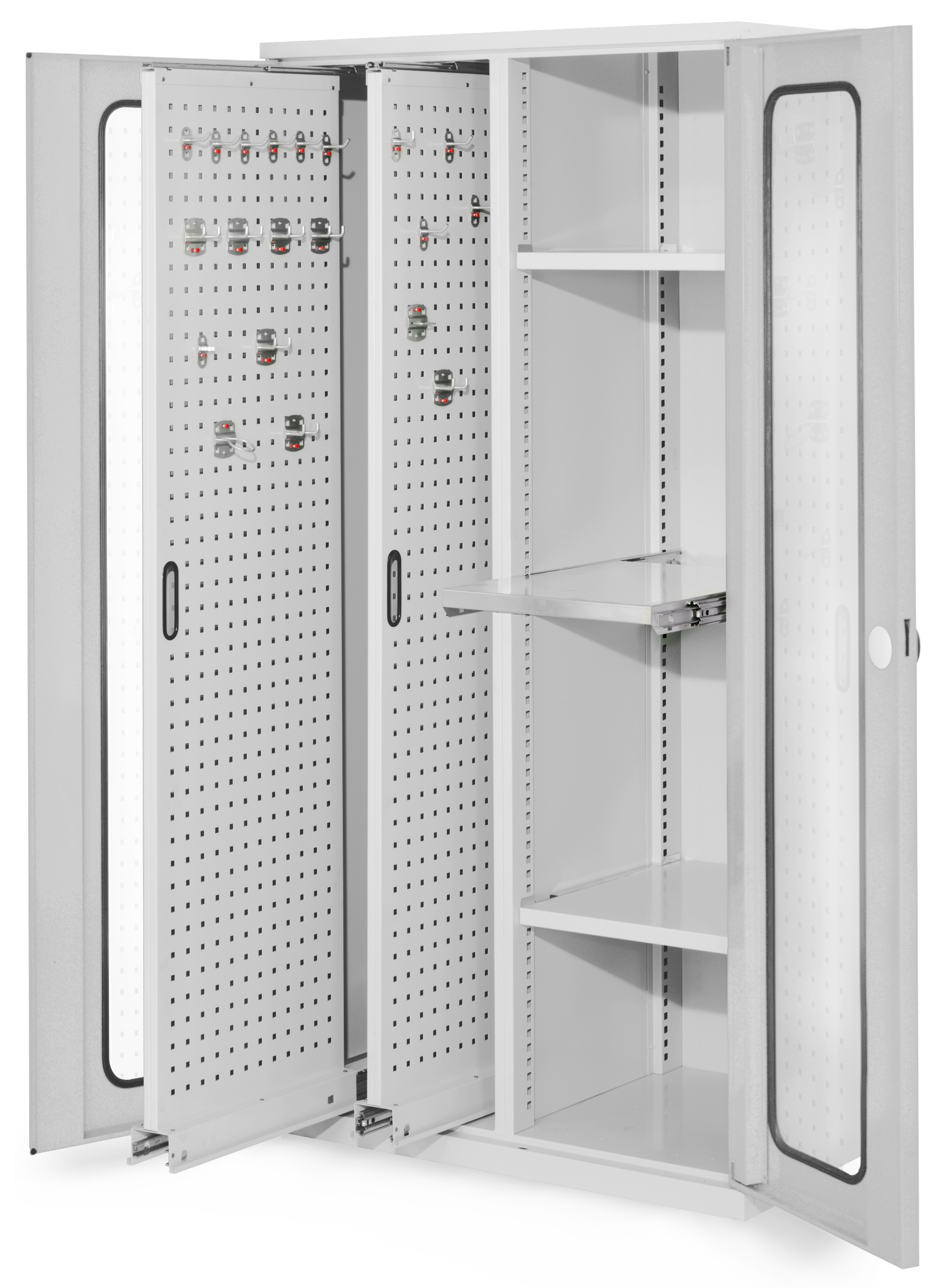 Der RasterPlan Vertikalschrank Modell 84 von Kappes Systeme bietet mit Sichtfenstertür, Auszügen und verstellbaren Böden eine platzsparende Lagerlösung für Werkzeuge.