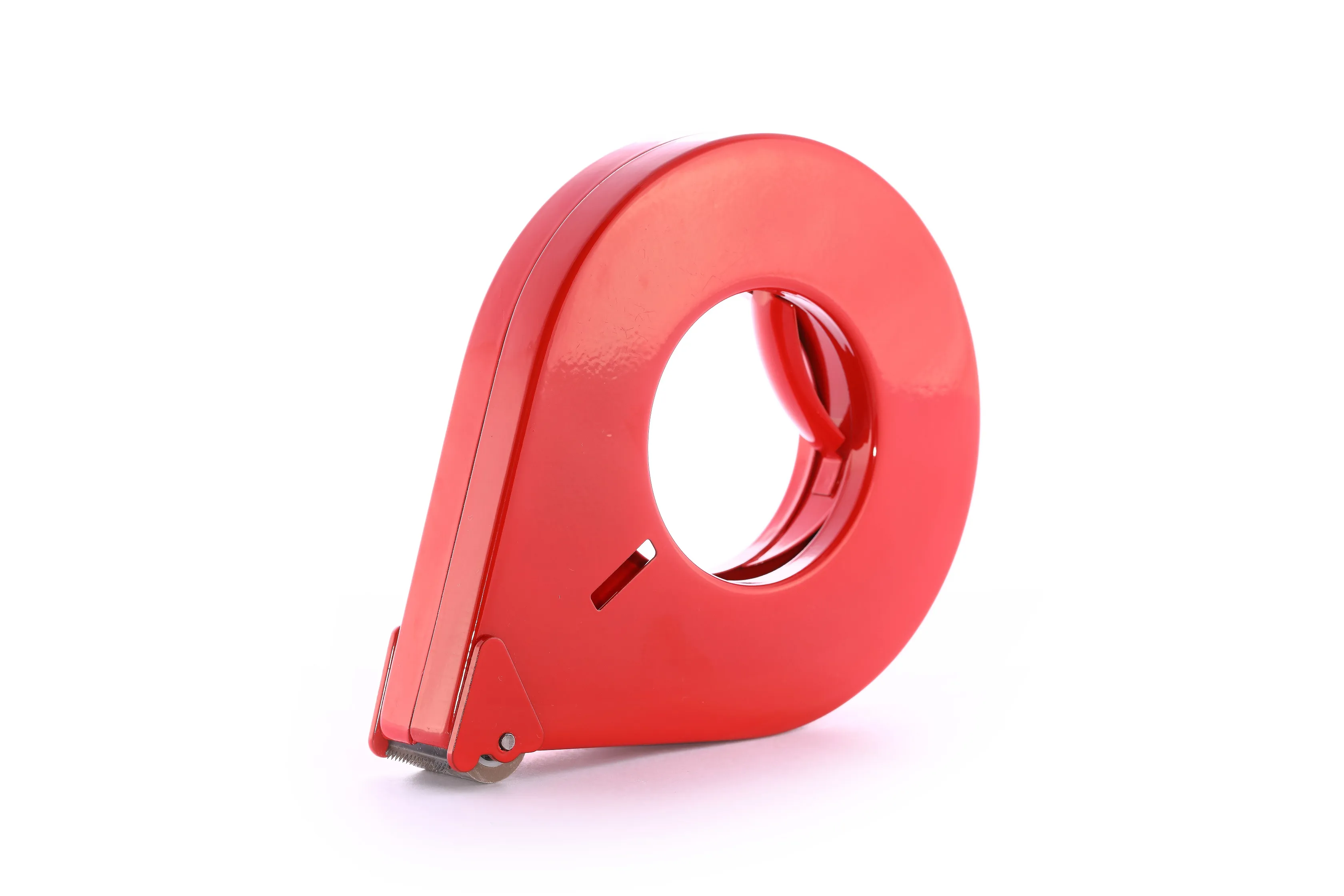 Roter Handabroller von Traydon GmbH für einseitige Klebebänder, 122 mm Außendurchmesser, 30 mm Rollenbreite, mit ergonomischem Griff und präziser Schneidklinge.