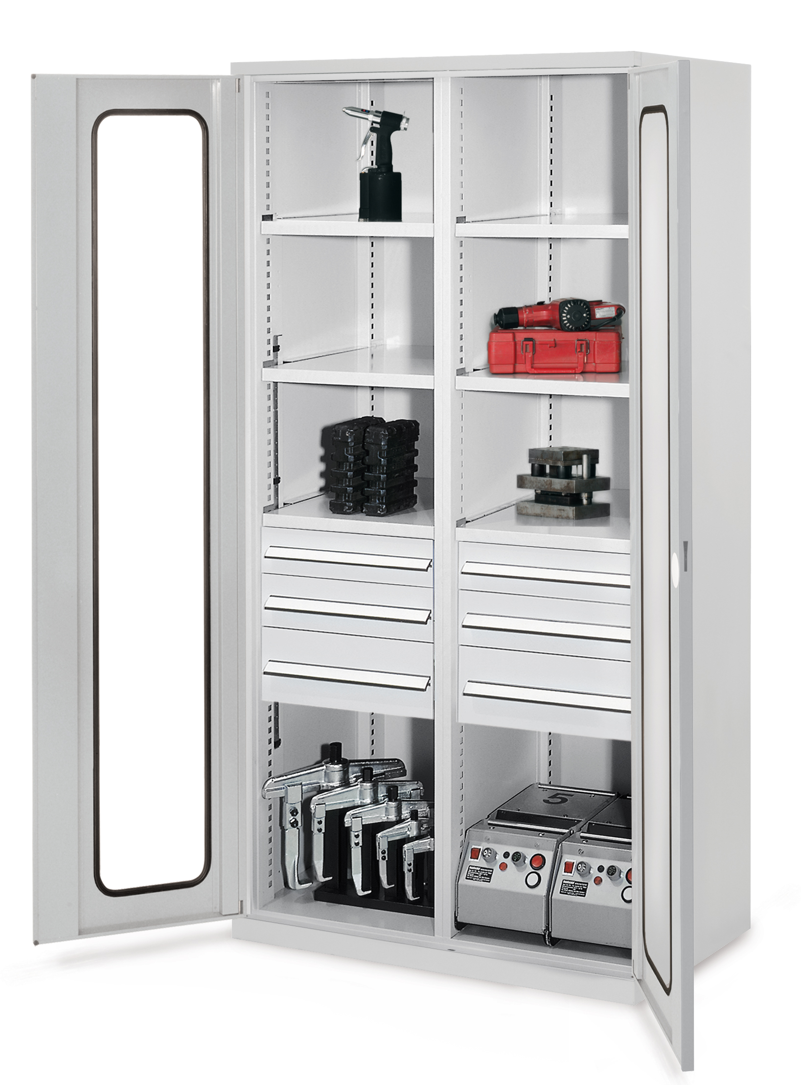 Schwerlastschrank von Kappes Systeme GmbH: Robuste Stahlkonstruktion, Sichtfenstertüren, verstellbare Fachböden, hohe Tragkraft, ideal für schwere Werkzeuge.