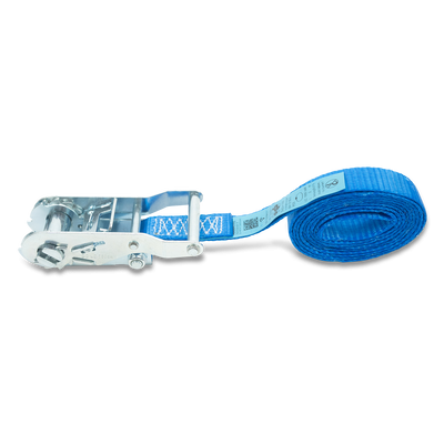 Blauer Zurrgurt von Dolezych: 25 mm breit, 4 m lang, 1000 daN Zugkraft, mit Druckratsche. Ideal für sichere Ladungssicherung im Transportwesen.