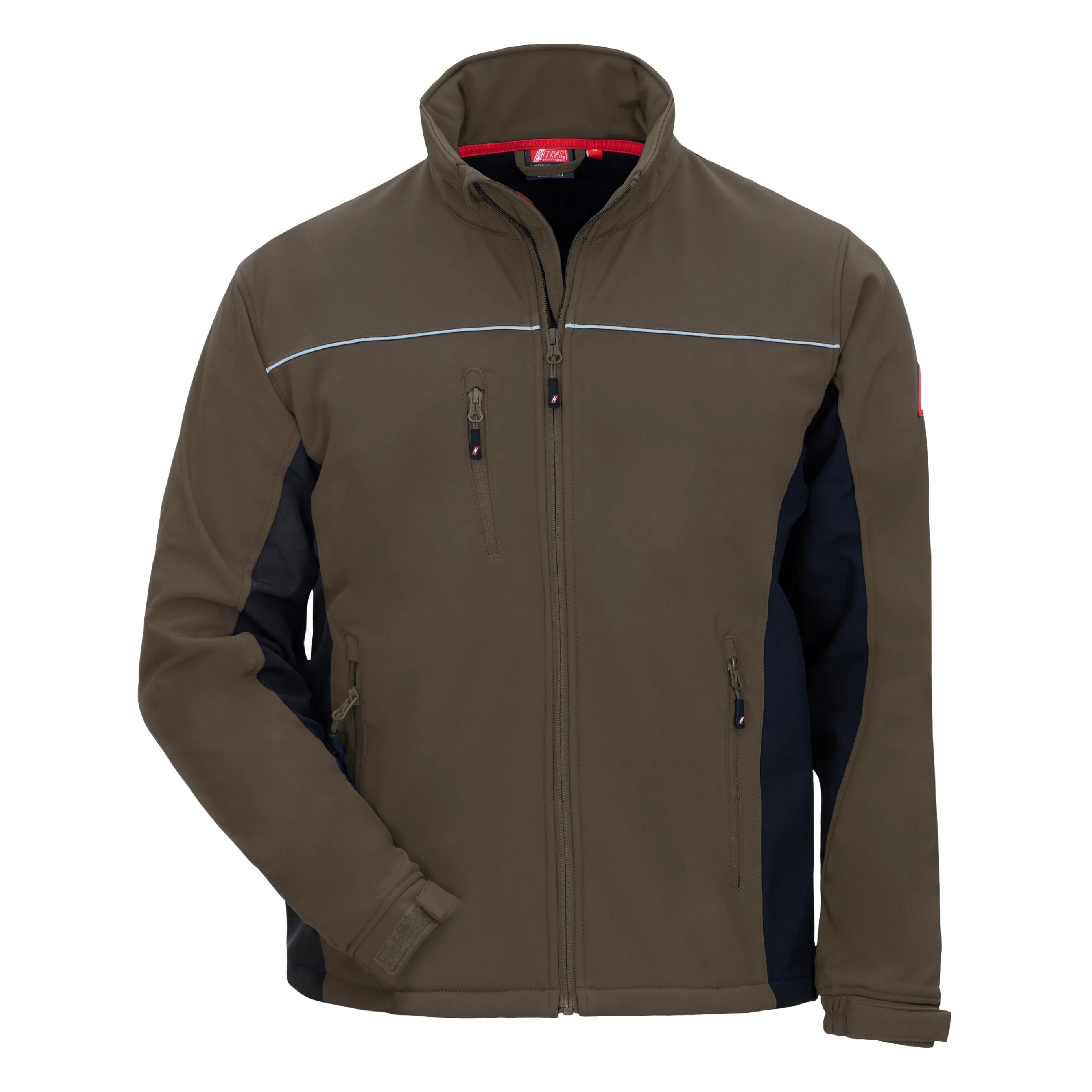 Die NITRAS MOTION TEX LIGHT Softshelljacke in Braun/Schwarz bietet Komfort und Schutz mit wasser- und windabweisendem Material, Reflexbiesen und abnehmbarer Kapuze.