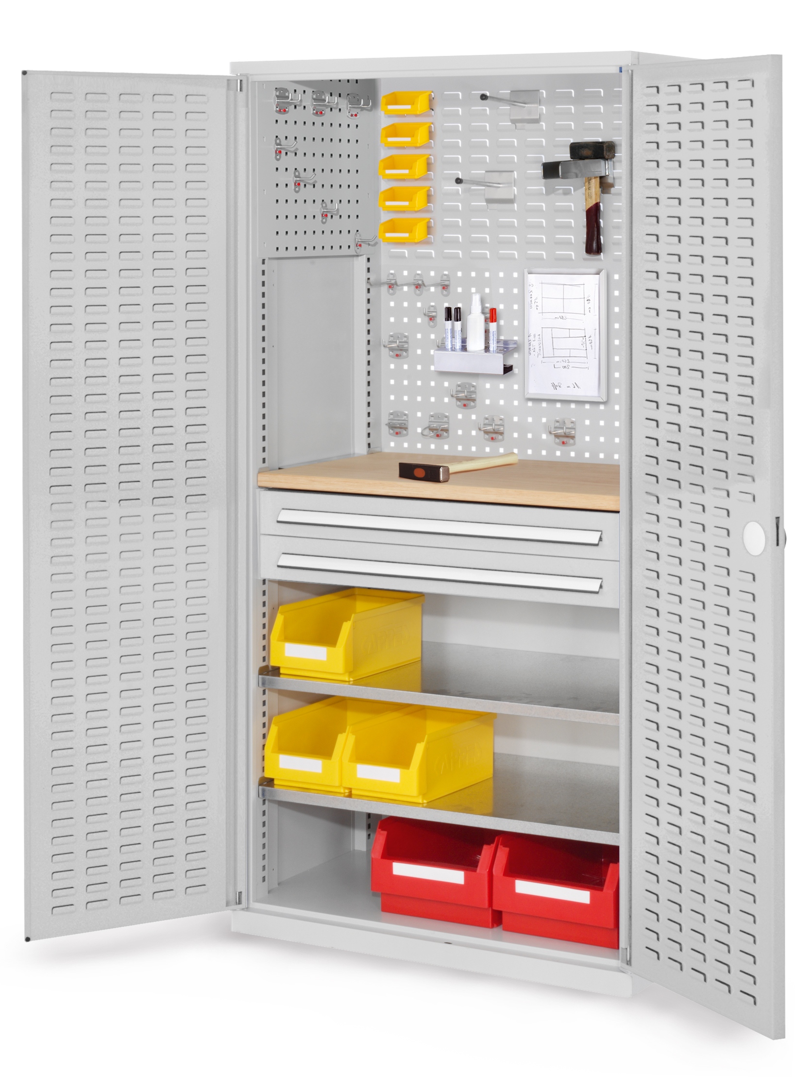 ®RasterPlan Schubladenschrank Modell 24 RAL 7035. Türinnenseite: Schlitzplatten 1950 x 1000 x 600 mm 2 Schubladen H 100 mm 2 Fachboden verzinkt 1 Werkbankplatte Multiplex.