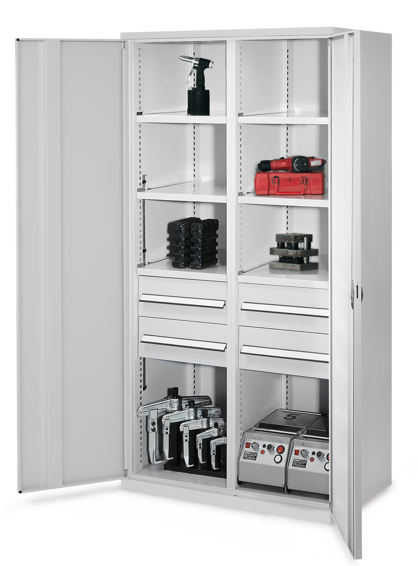 Schwerlastschrank mit Mitteltrennwand 1950 x 1000 x 600 mm Mod 52 RAL 7035. Vollblechtür 4 Schubladen H 175 mm 3 Fachboden links verzinkt 3 Fachboden rechts verzinkt.