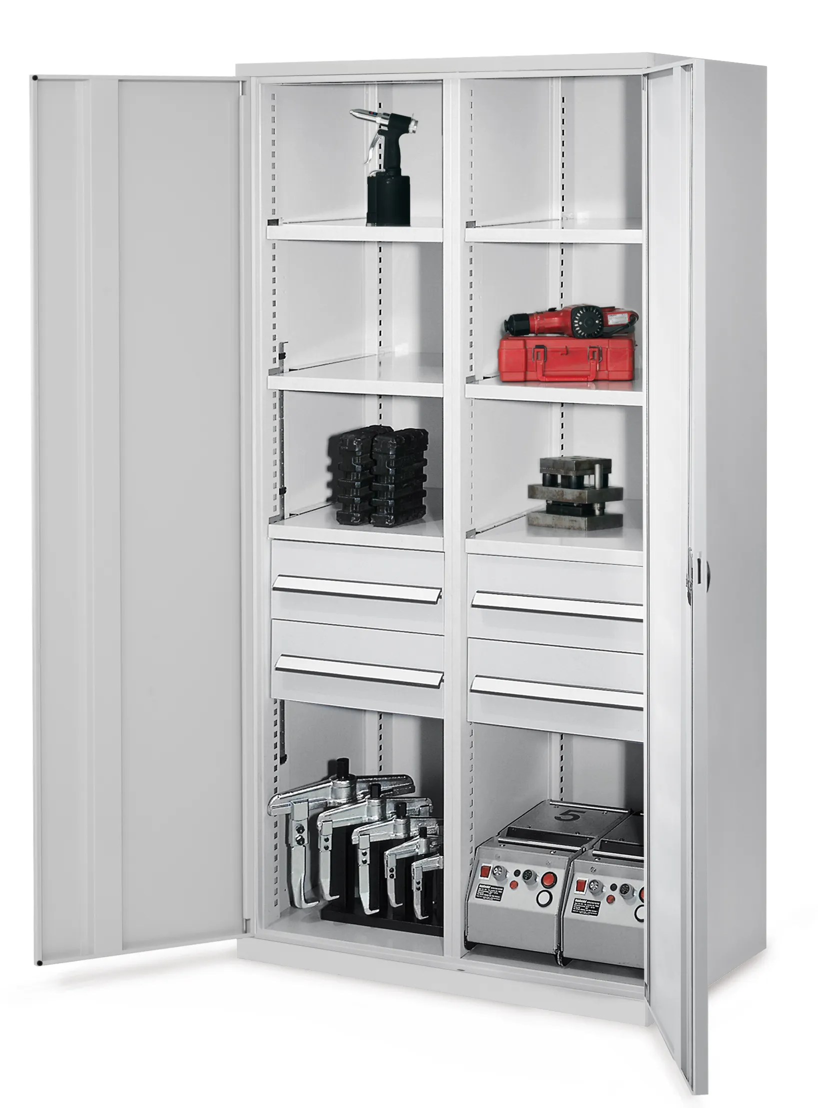 Schwerlastschrank Mod 52 von Kappes Systeme: Robuste Stahlkonstruktion mit verstellbaren Fachb?den und Schubladen, ideal f?r schwere Werkzeuge. Ma?e: 1950x1000x600 mm.