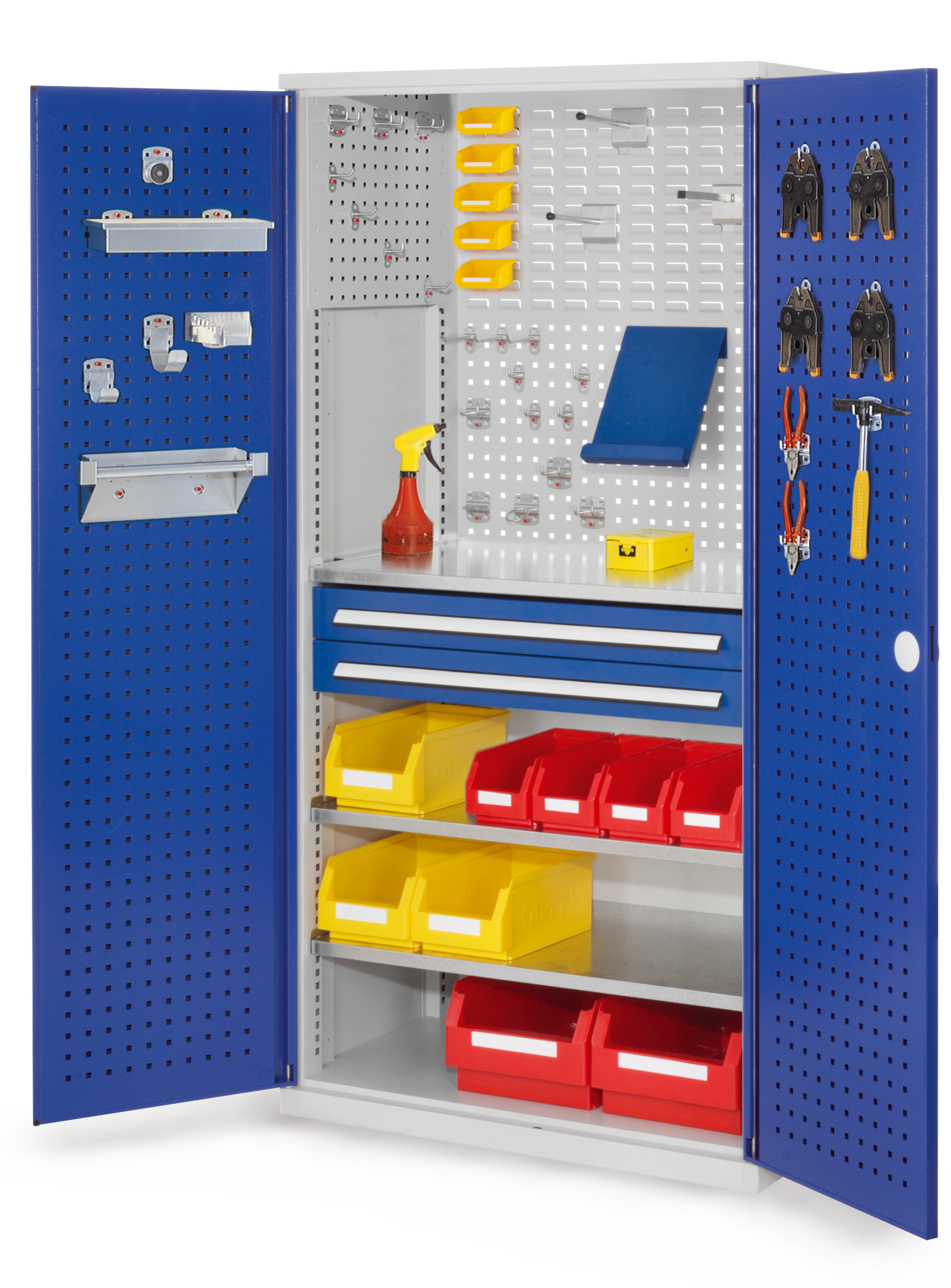Der RasterPlan Schubladenschrank Modell 11 von Kappes Systeme bietet mit robustem Stahl, Lochplatten und verstellbaren Fachböden eine effiziente Lagerlösung.