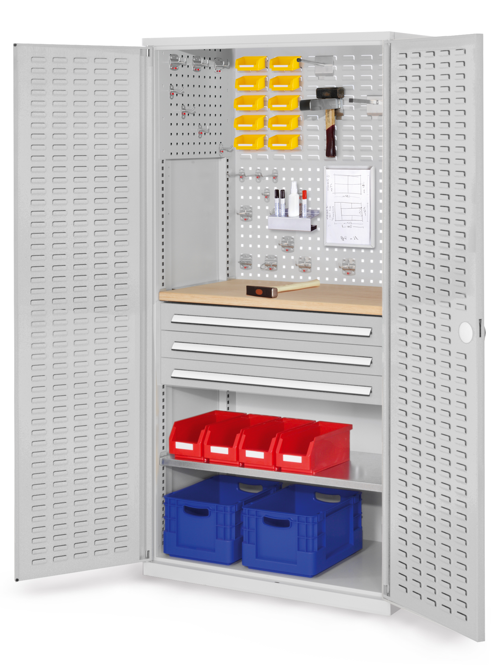 ®RasterPlan Schubladenschrank Modell 25 RAL 7035. Türinnenseite: Schlitzplatten 1950 x 1000 x 600 mm 3 Schubladen H 100 mm 1 Fachboden verzinkt 1 Werkbankplatte Multiplex.