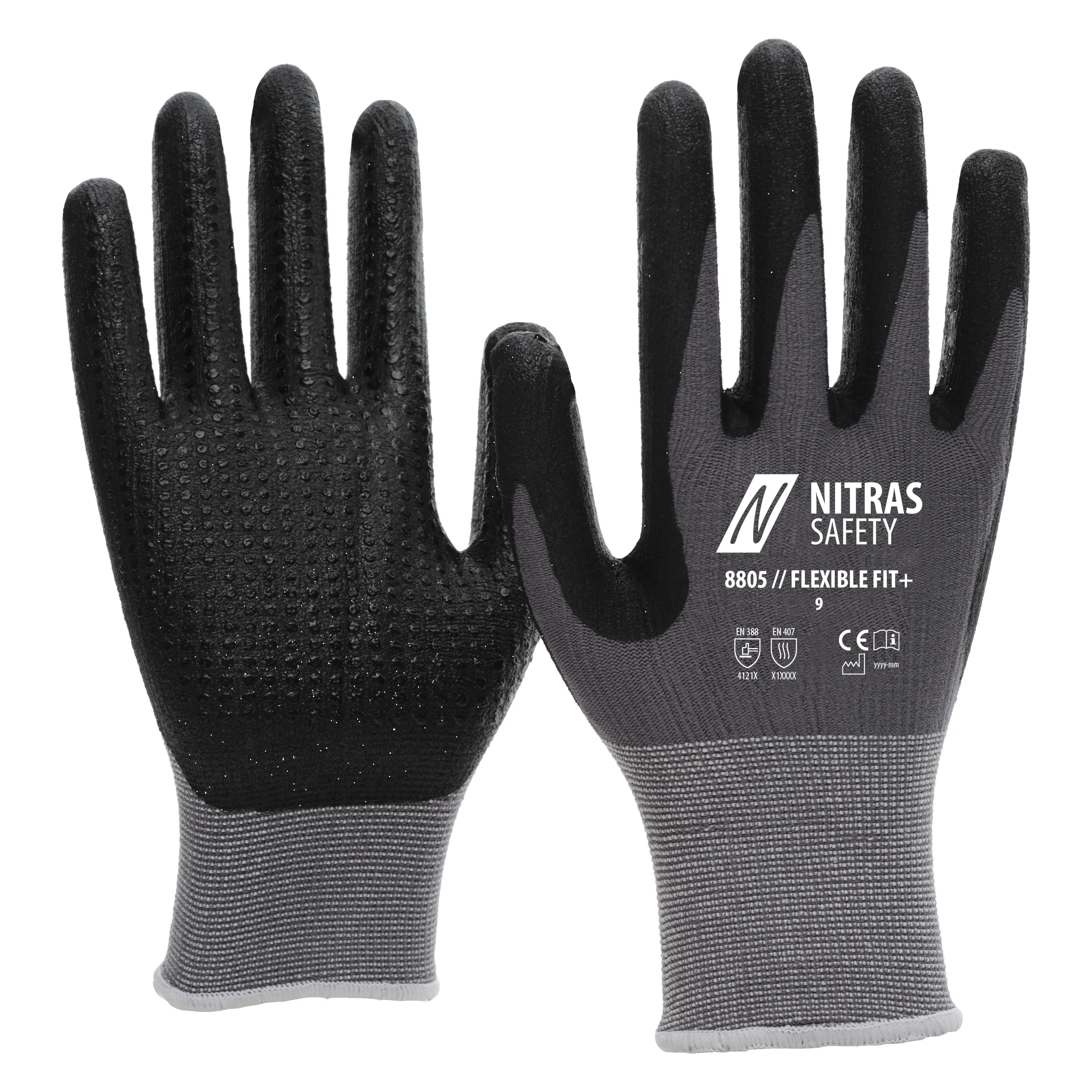 NITRAS FLEXIBLE FIT+ Strickhandschuhe bieten Komfort und Rutschfestigkeit mit wasserabweisender Beschichtung, ideal f?r Bau, Chemie und mehr. Perfekte Passform.