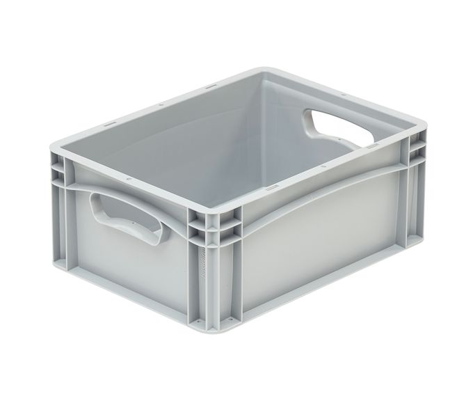 Der graue Lagerbehälter von Bekuplast (400x300x170 mm) bietet 15,9 l Volumen, ist aus robustem PP-C gefertigt und ideal für sichere Lagerung und Transport.