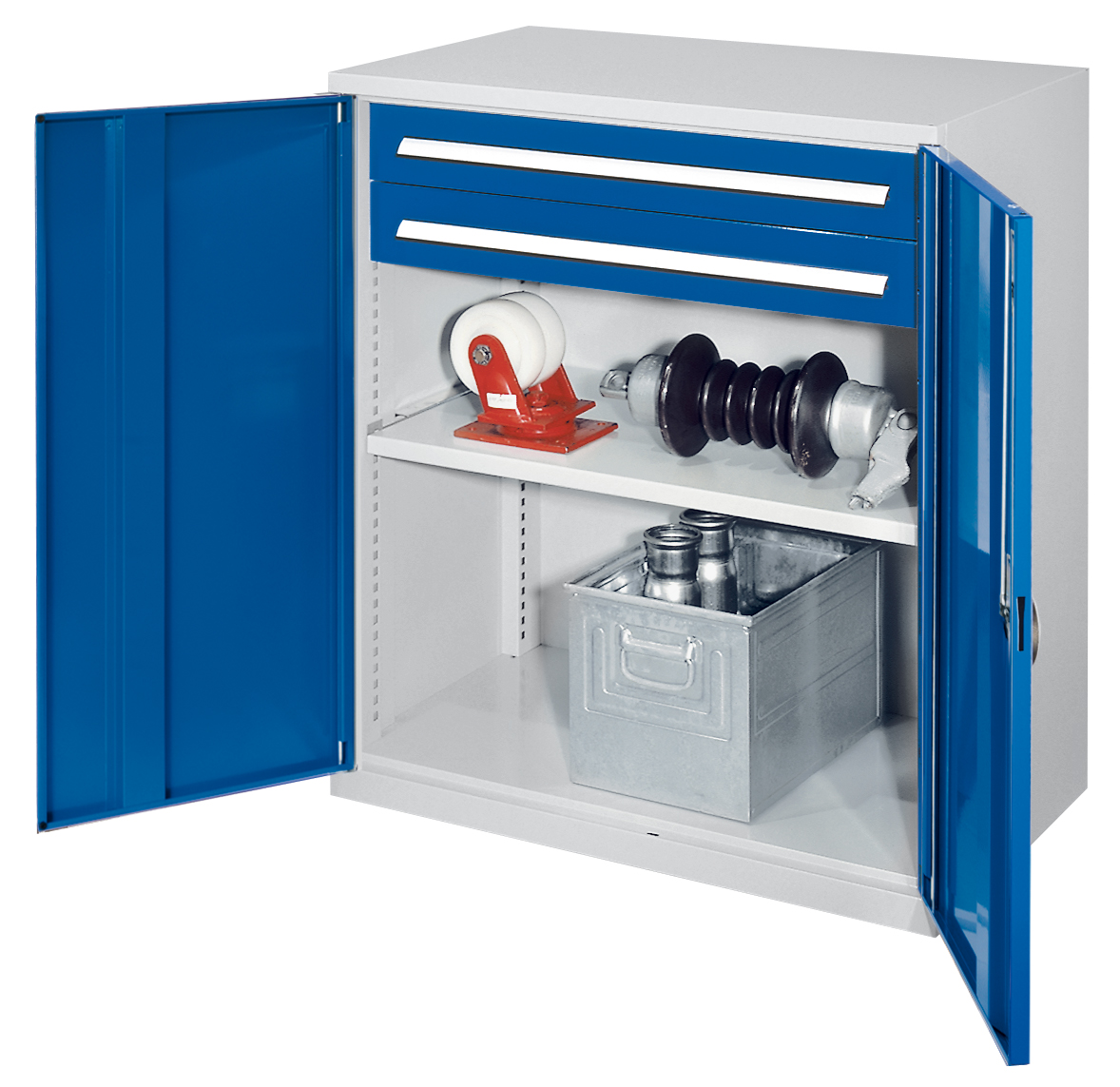 Schwerlast-Beistellschrank Modell 61 von Kappes Systeme: Robuste Stahlkonstruktion, lichtgrau/blau, mit Vollblechtüren, verzinktem Fachboden und zwei Schubladen.