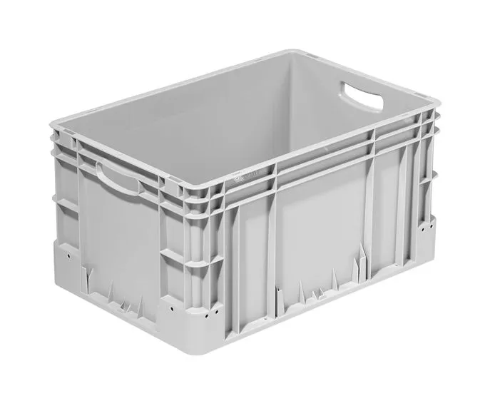 Robuster grauer Lagerbeh?lter von Bekuplast, 600x400x320 mm, 64 l Volumen, aus langlebigem PP-C, mit offenen Griffen und diagonalem Boden f?r einfache Handhabung.