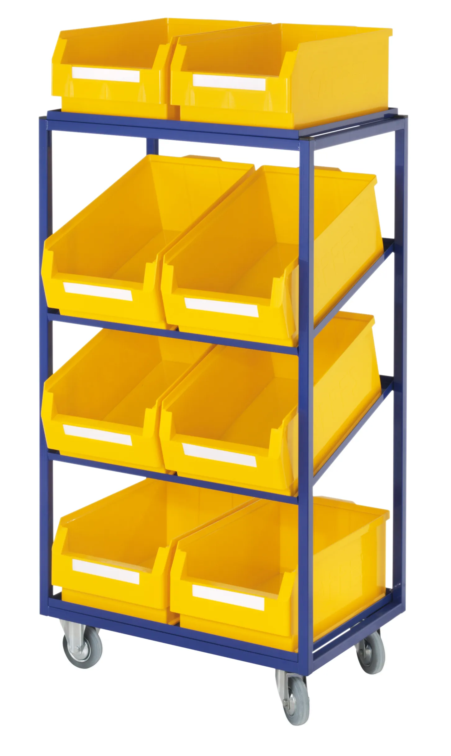 Der Beistell- und Kommissionierwagen Modell 21 von Kappes Systeme in Enzianblau bietet robuste Stahlkonstruktion, flexible Fachb?den und hochwertige Rollen f?r effizienten Materialtransport.