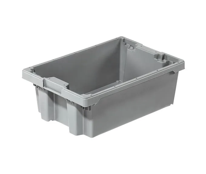 Der graue Drehstapelbehälter von Bekuplast (600x400x210 mm) aus robustem HDPE bietet stapelbare, hygienische Lagerung mit Entwässerungslöchern. Ideal für effizienten Transport.